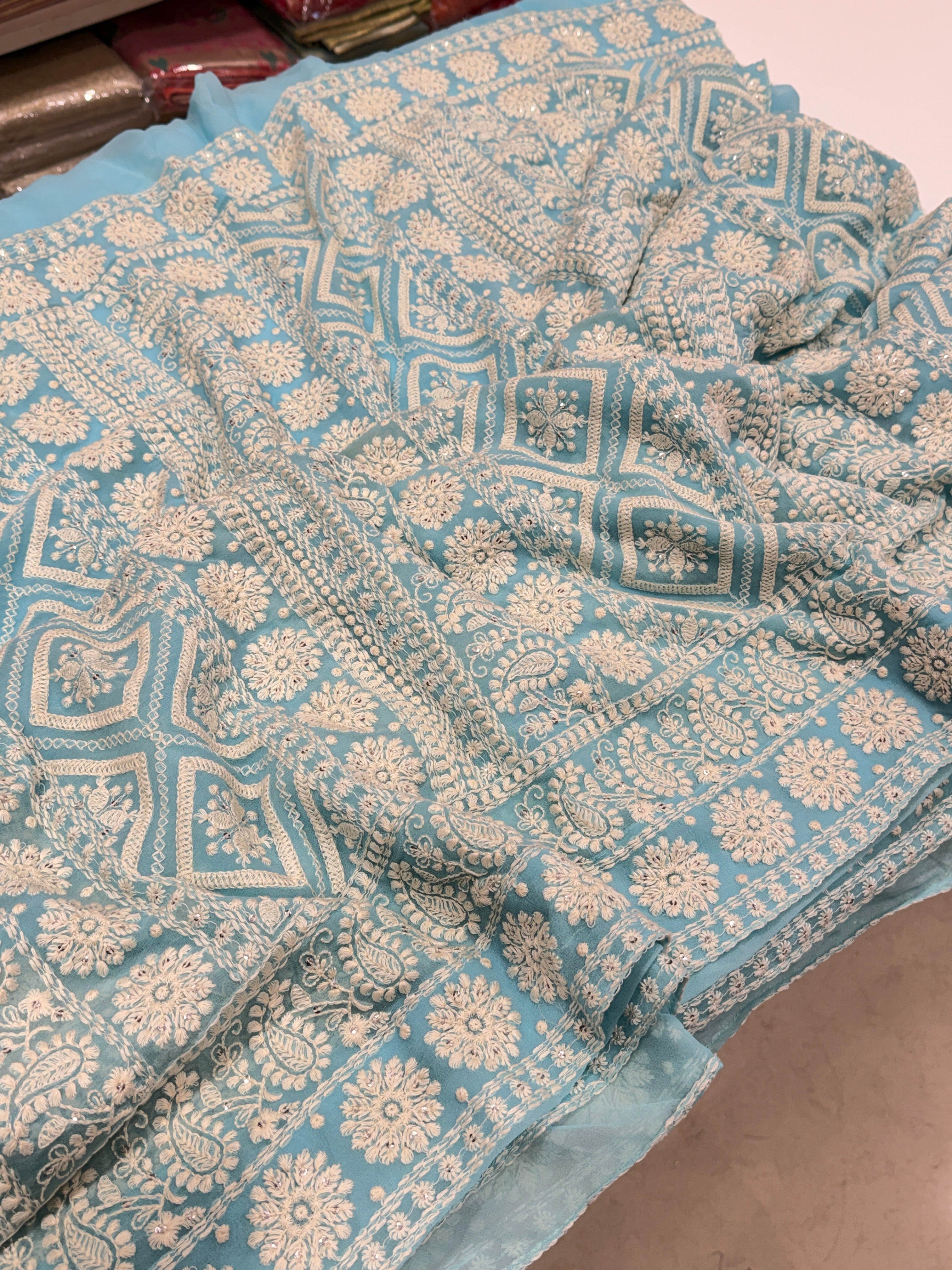 Light Blue Chikankari Georgette Resham Butta Saree