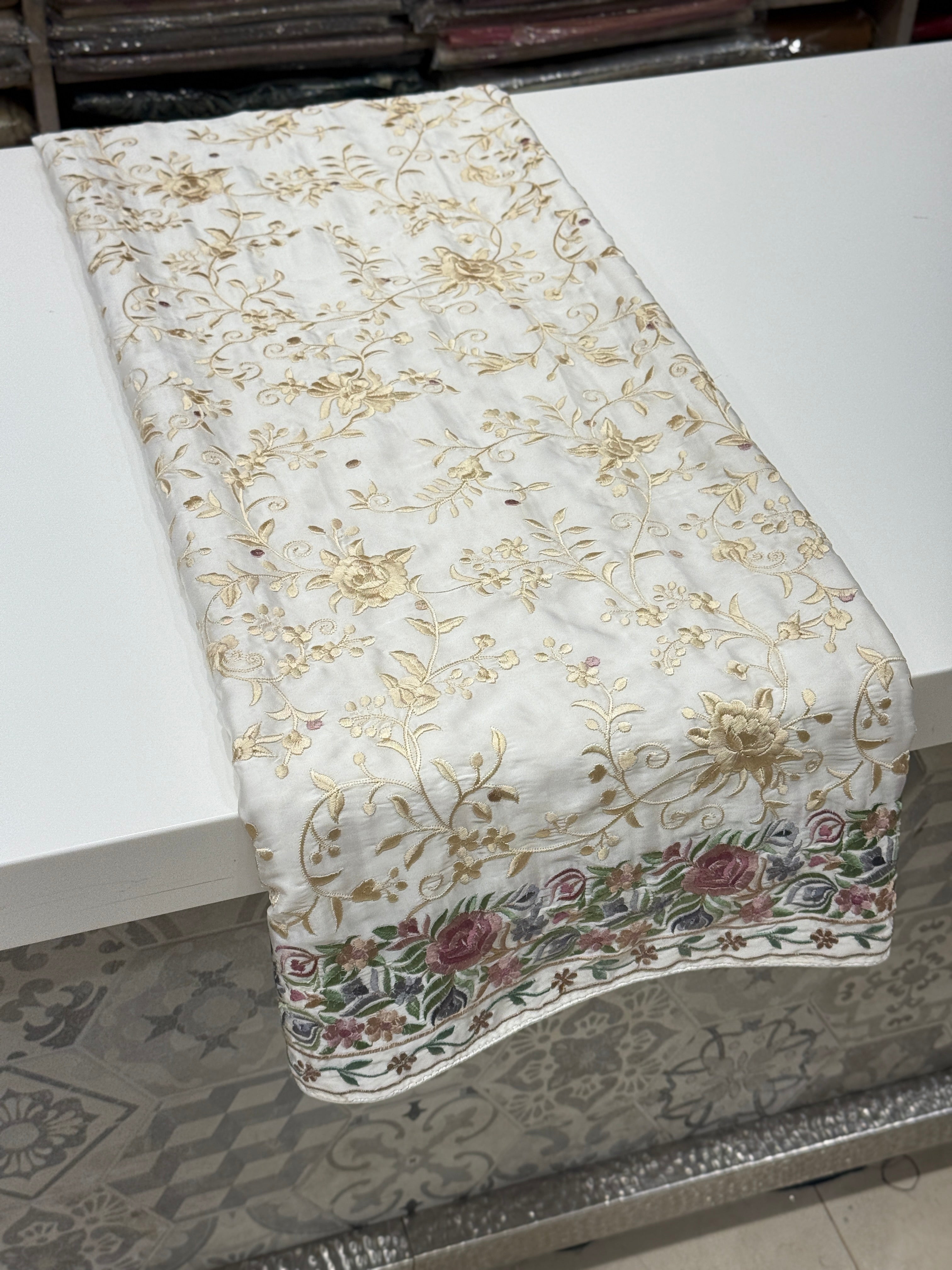 White Georgette Multi Colour Jaal Parsi Gara Saree