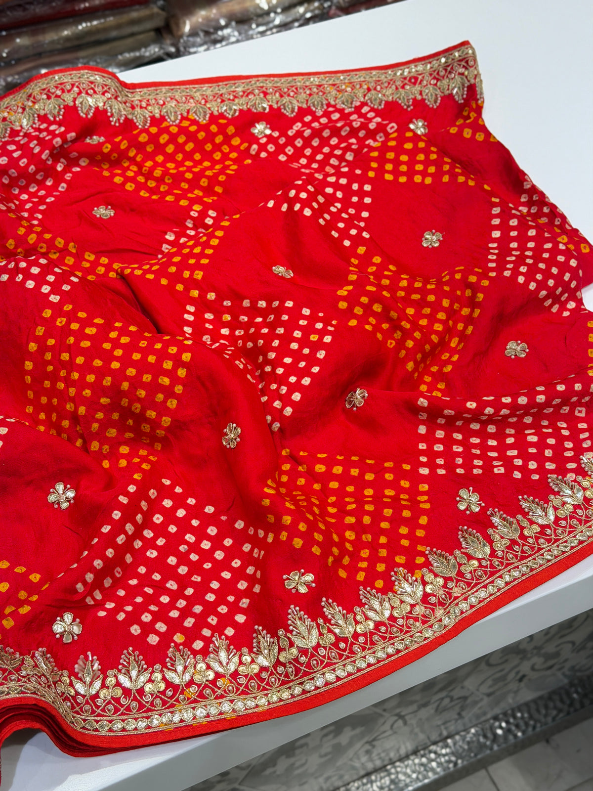 Red Jaal Faabiiana Inspired Gajji Silk Rai Bandhej Gotapatti Marodi Hand Embroidery Saree