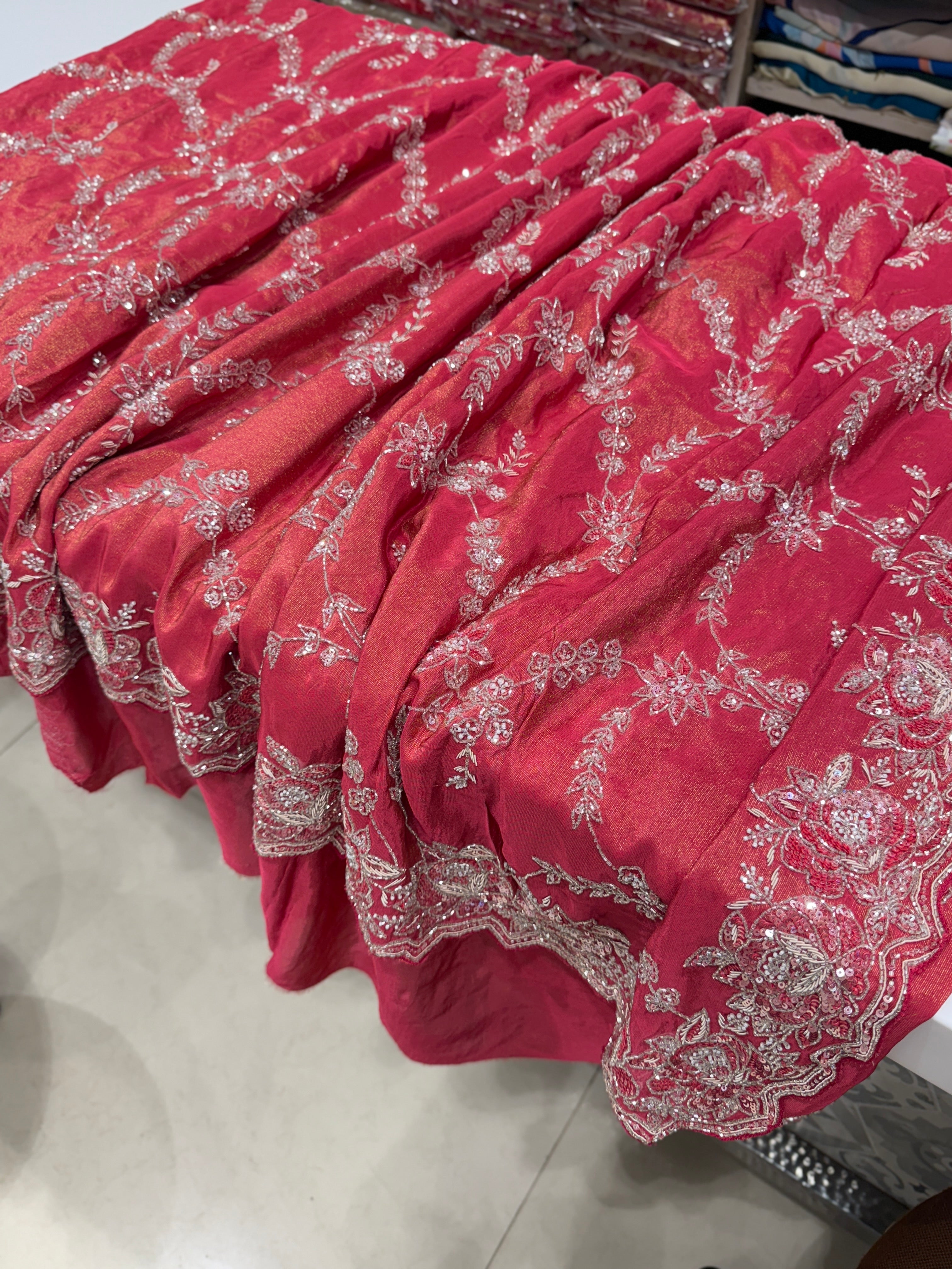 Rust Crepe Tissue Zardosi Jaal Saree