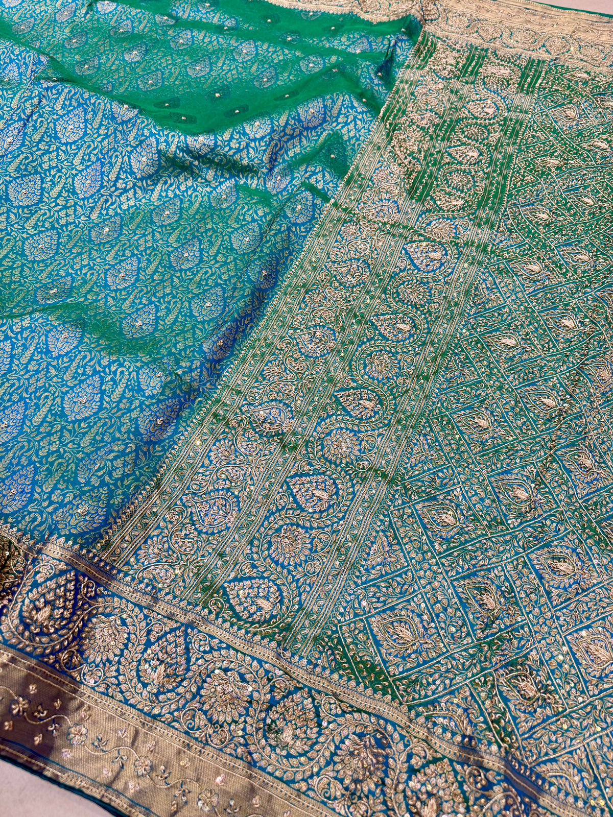 Rama Green Pure Silk Kanjivaram Zardosi Hand Embroidery Saree