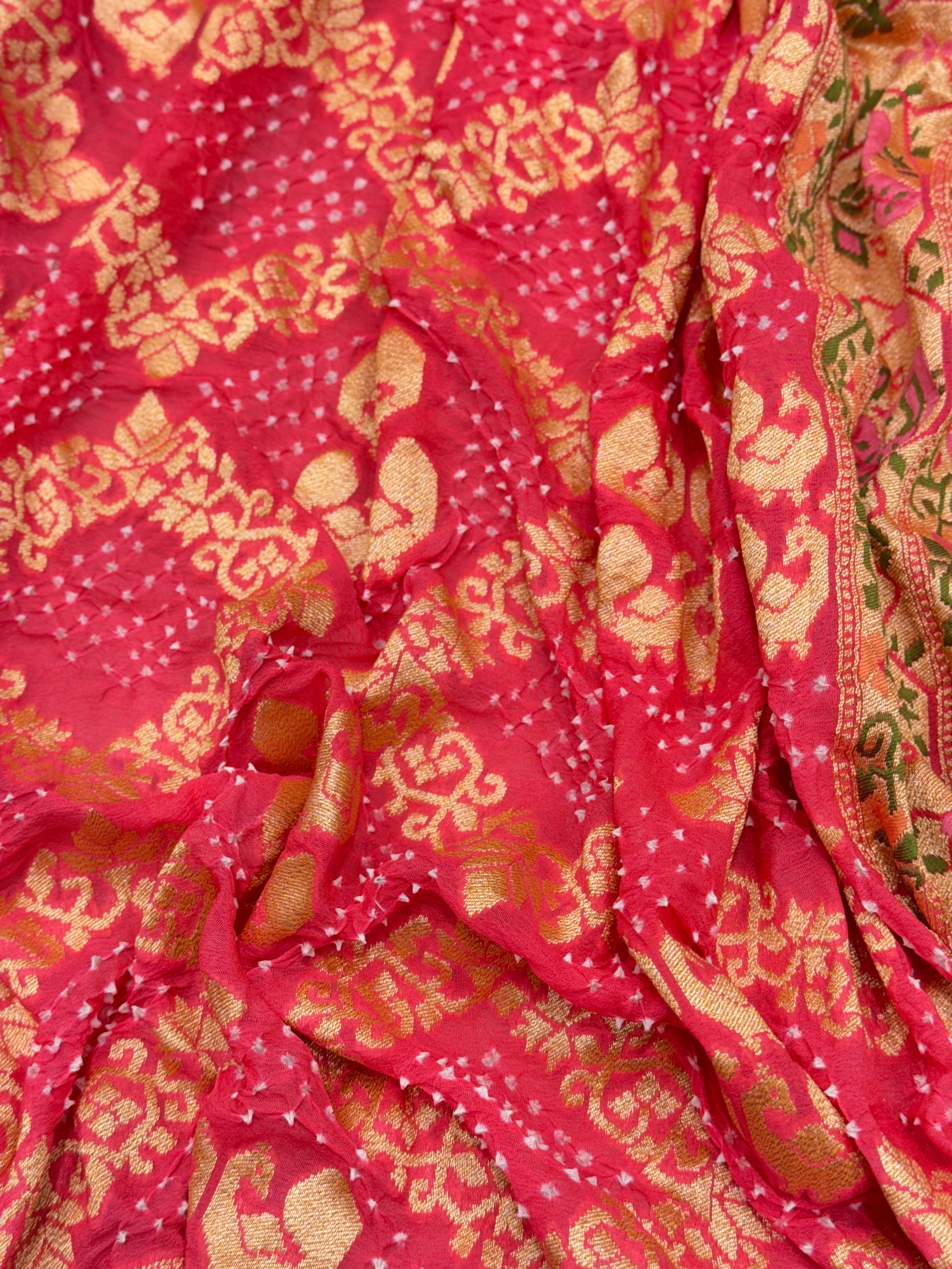 Peach Meenakari Rai Peacock Parrot Theme Bandhej Saree