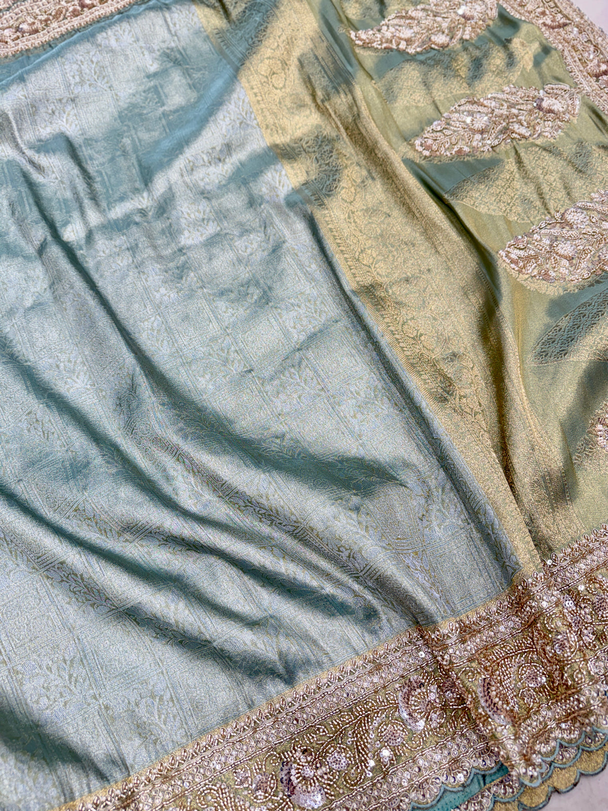 Sea Green Woven Tissue Silk Moti Sequin Saree