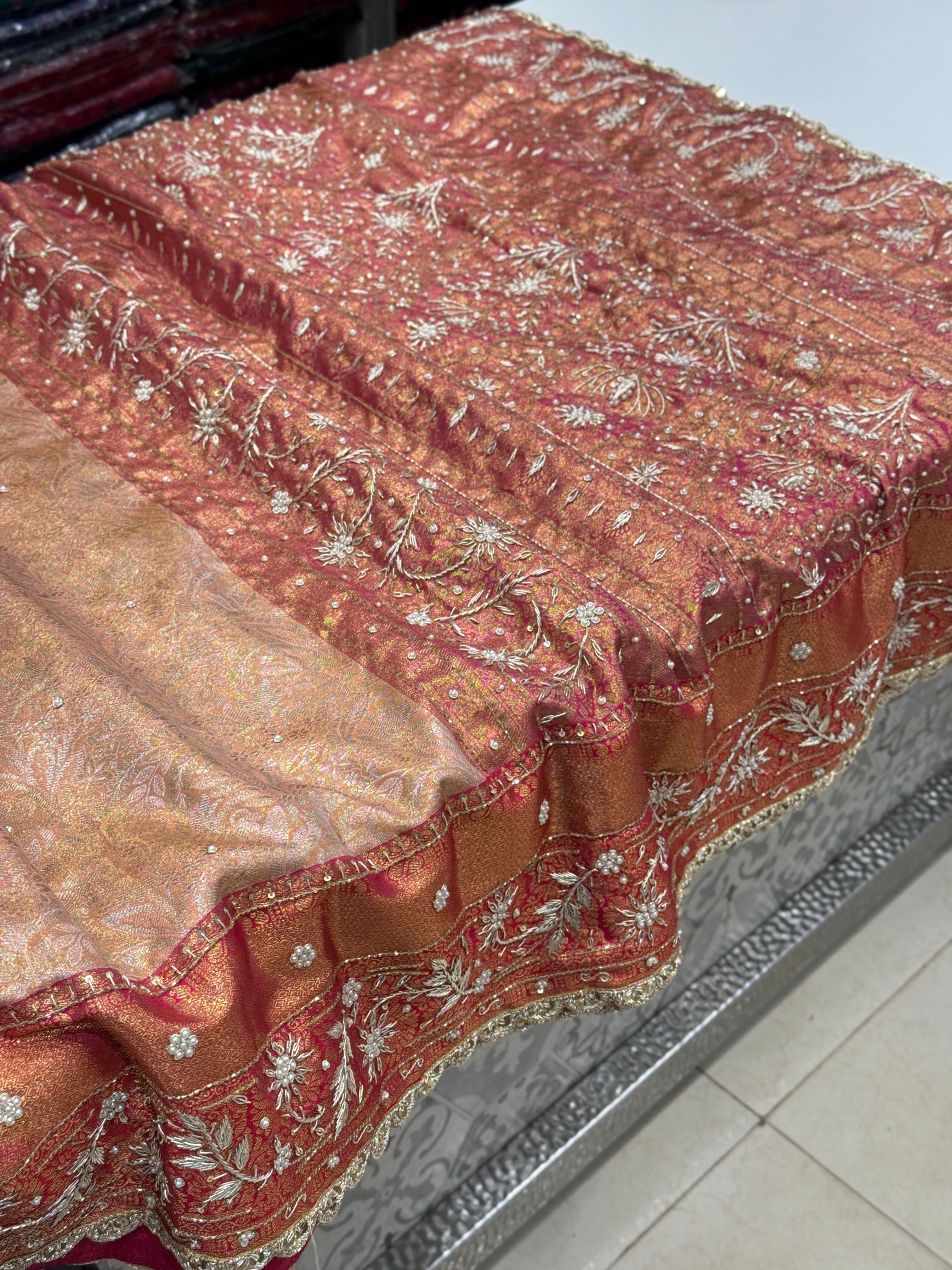 Peach Tissue Kanjivaram Hand Embroidery Saree