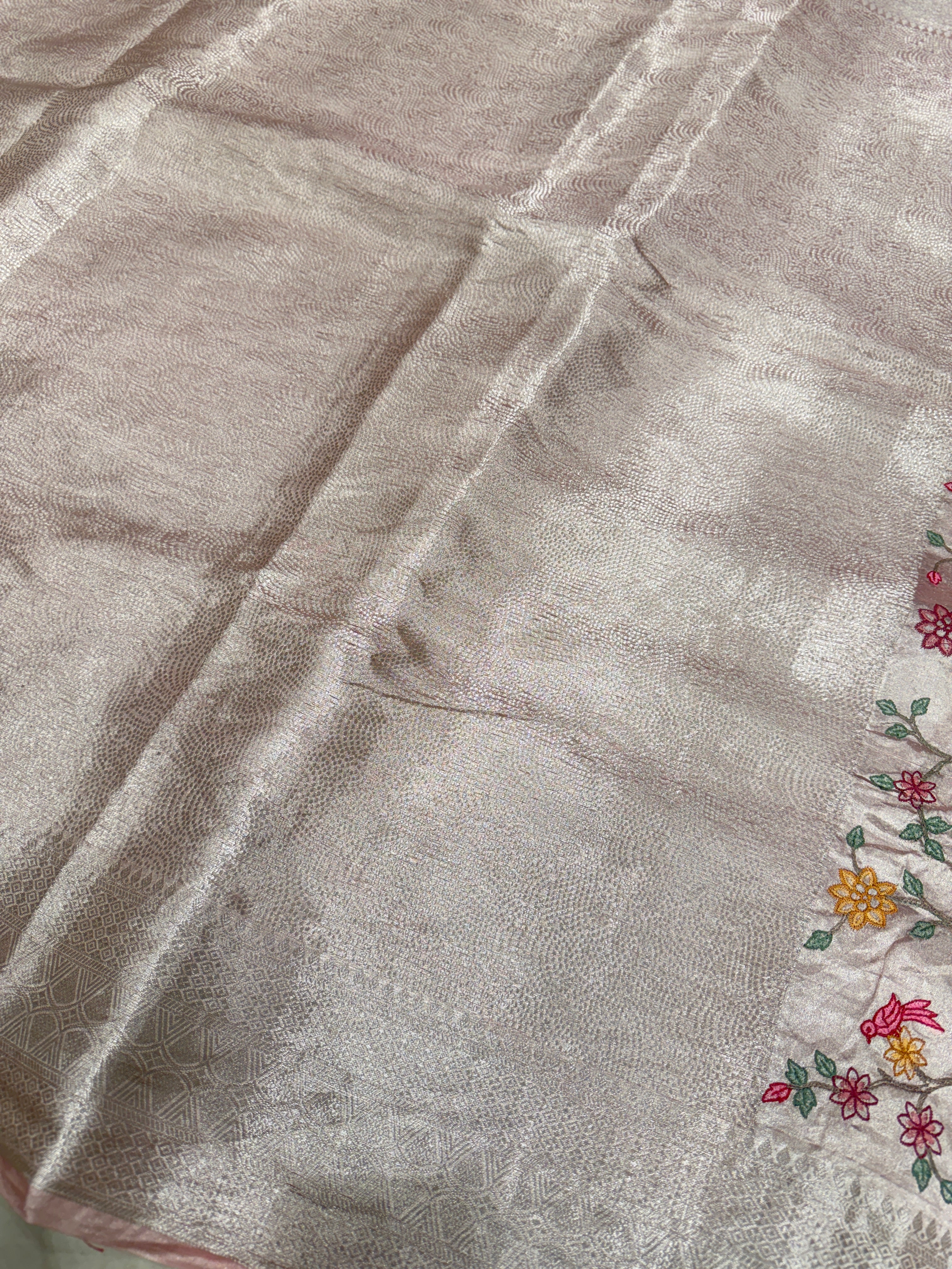 Crimson Silver Handloom Tissue Peacock Contemporary Resham Embroidery Saree