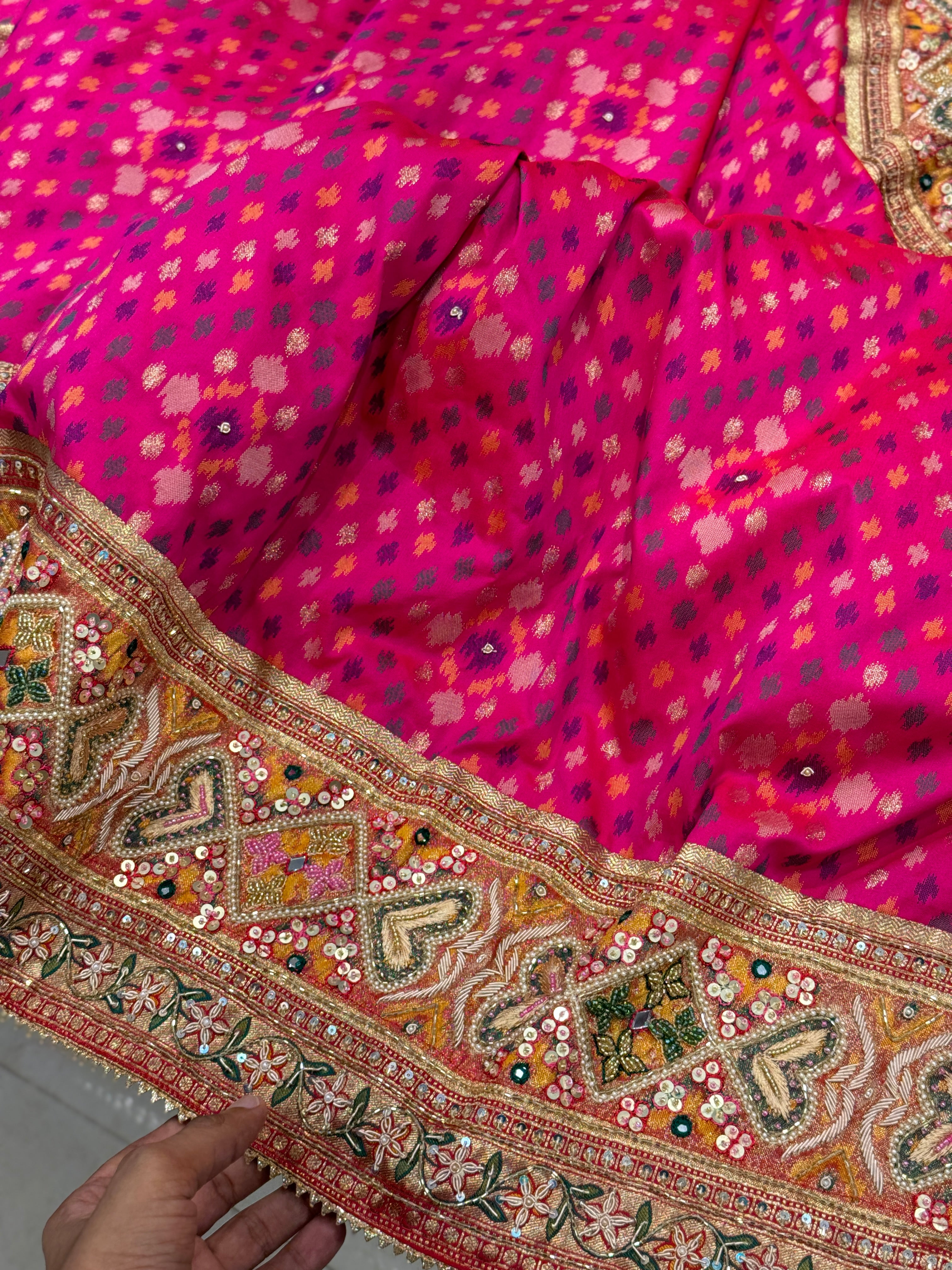 Rani Banarasi Patola Moti Zardosi Hand Embroidery Saree