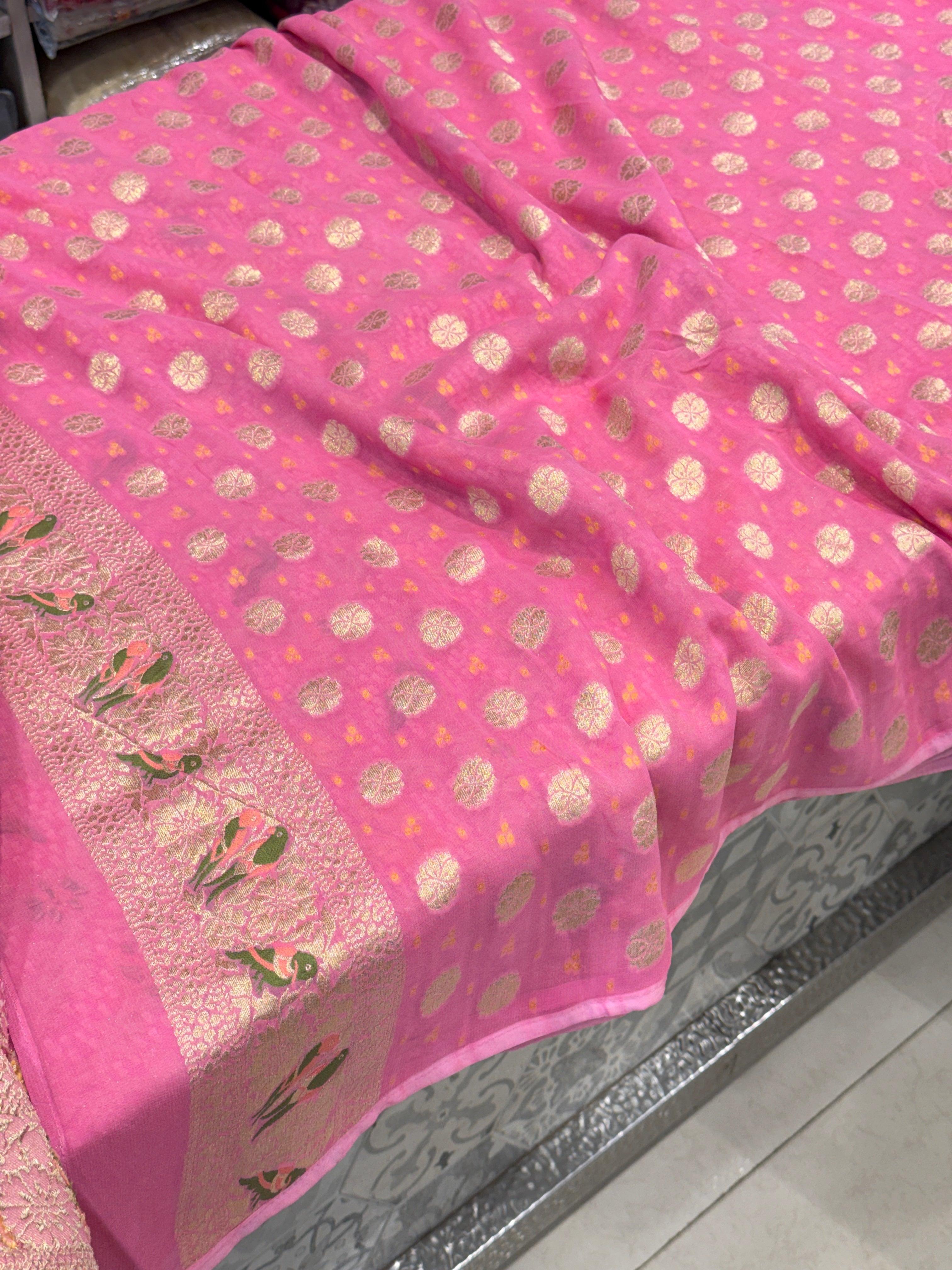 Pink Woven Bandhej Meenakari Parrot Motif Saree