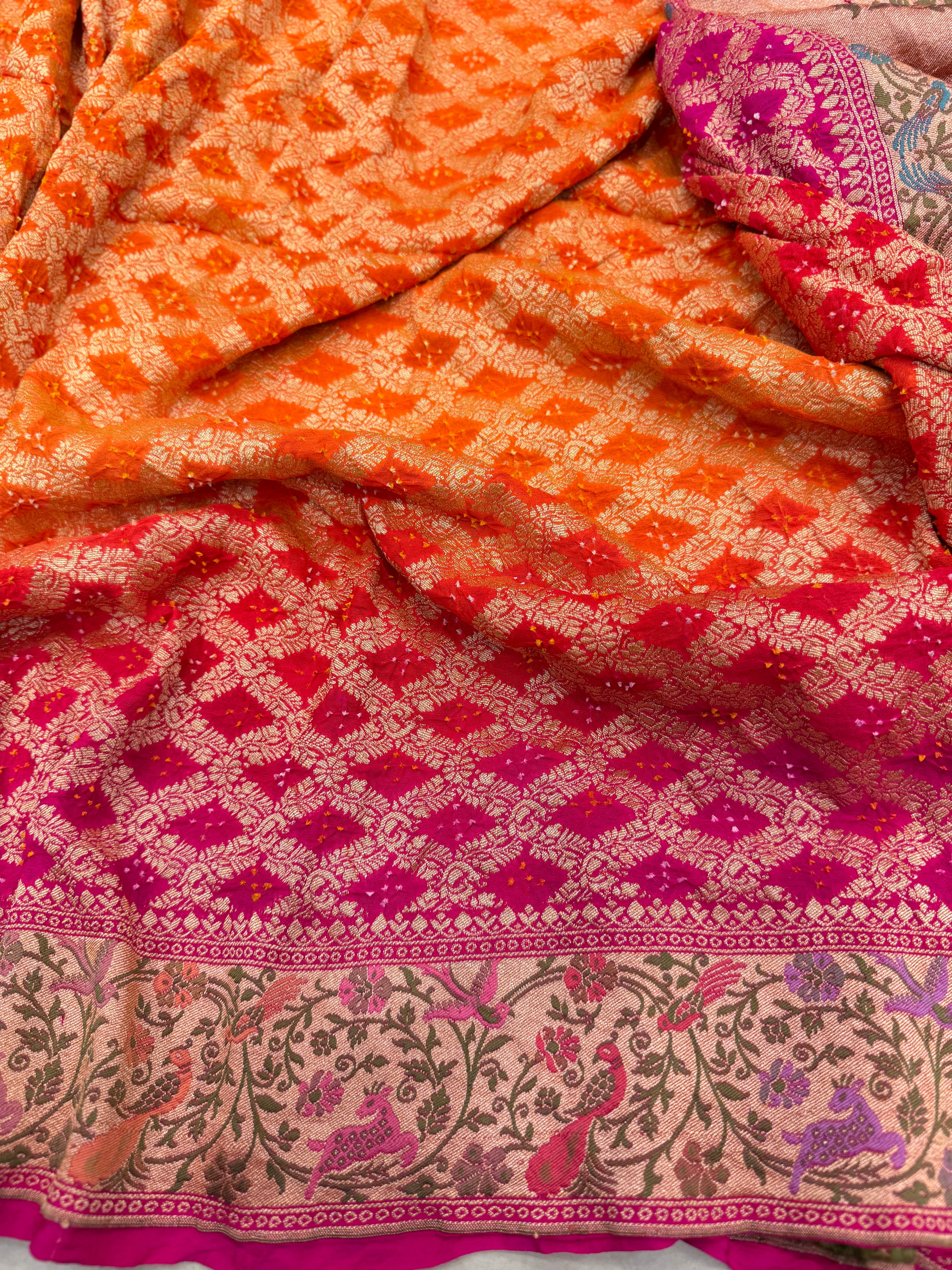 Rani Orange Shaded Shikara Border Meenakari Rai Bandhej Georgette Bandhini Saree
