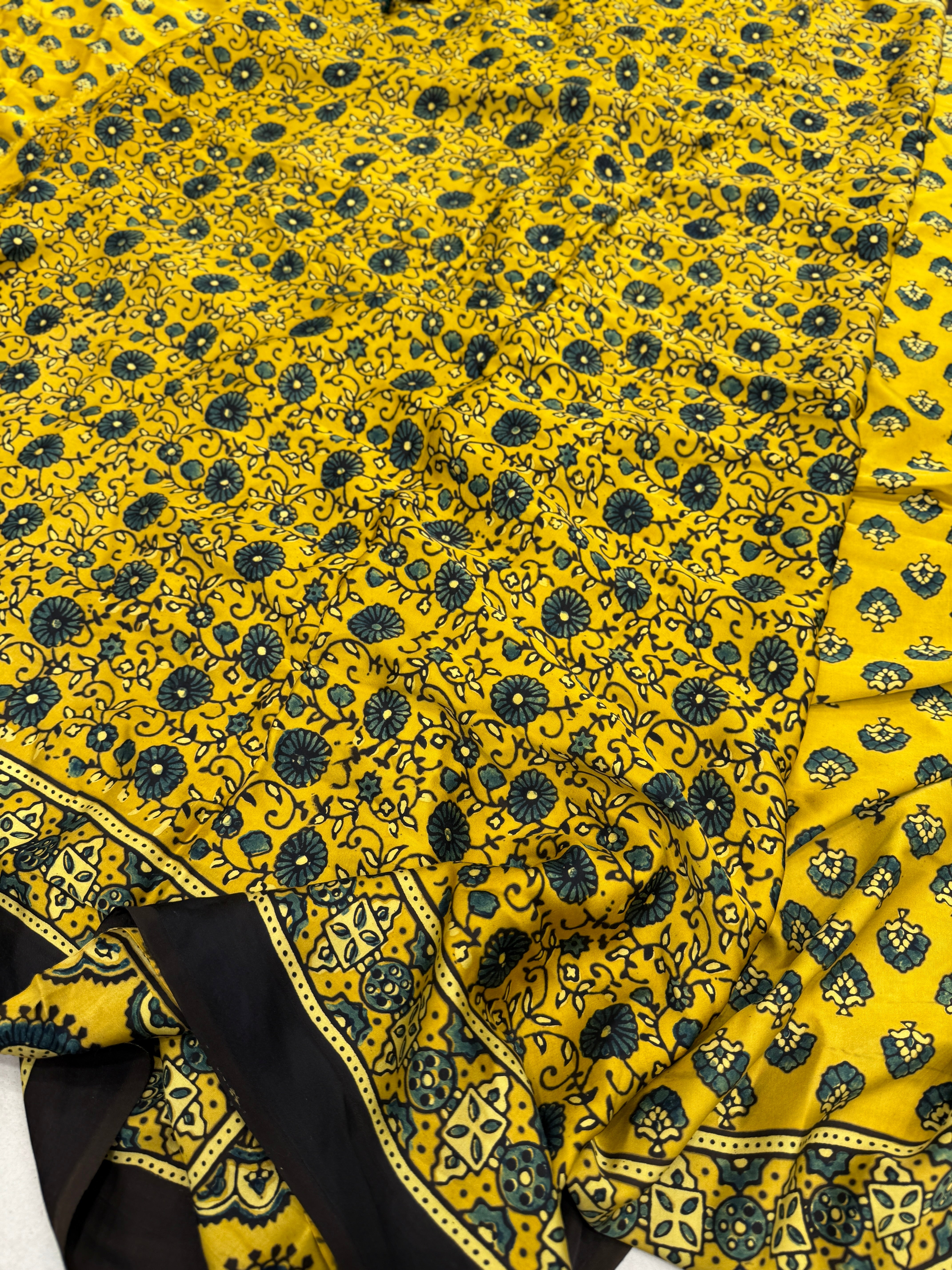 Yellow Floral Butti Ajrakh Modal Gajji Silk Saree