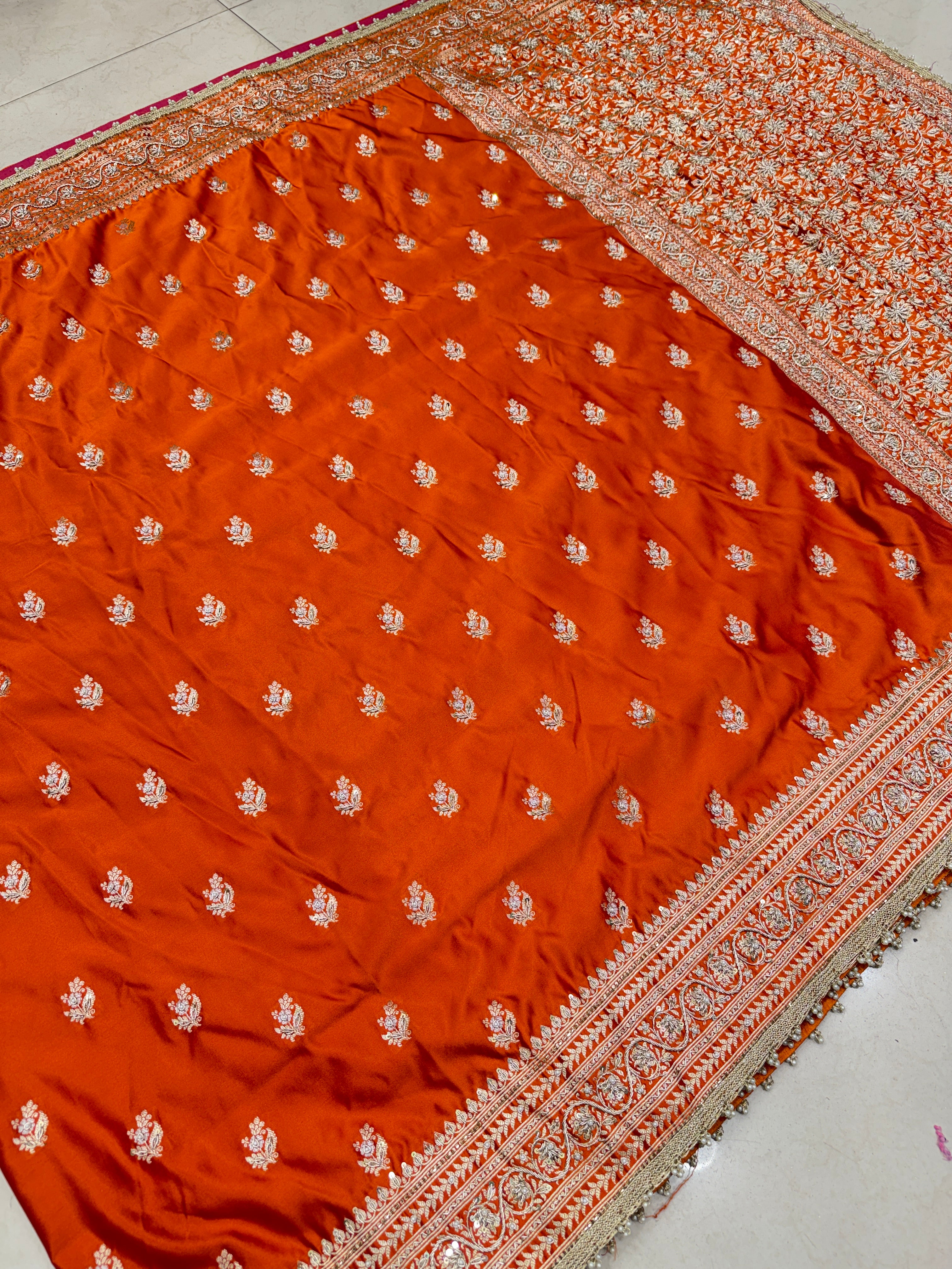 Rust Orange Banarasi Buttis Zardosi Hand Embroidery Saree