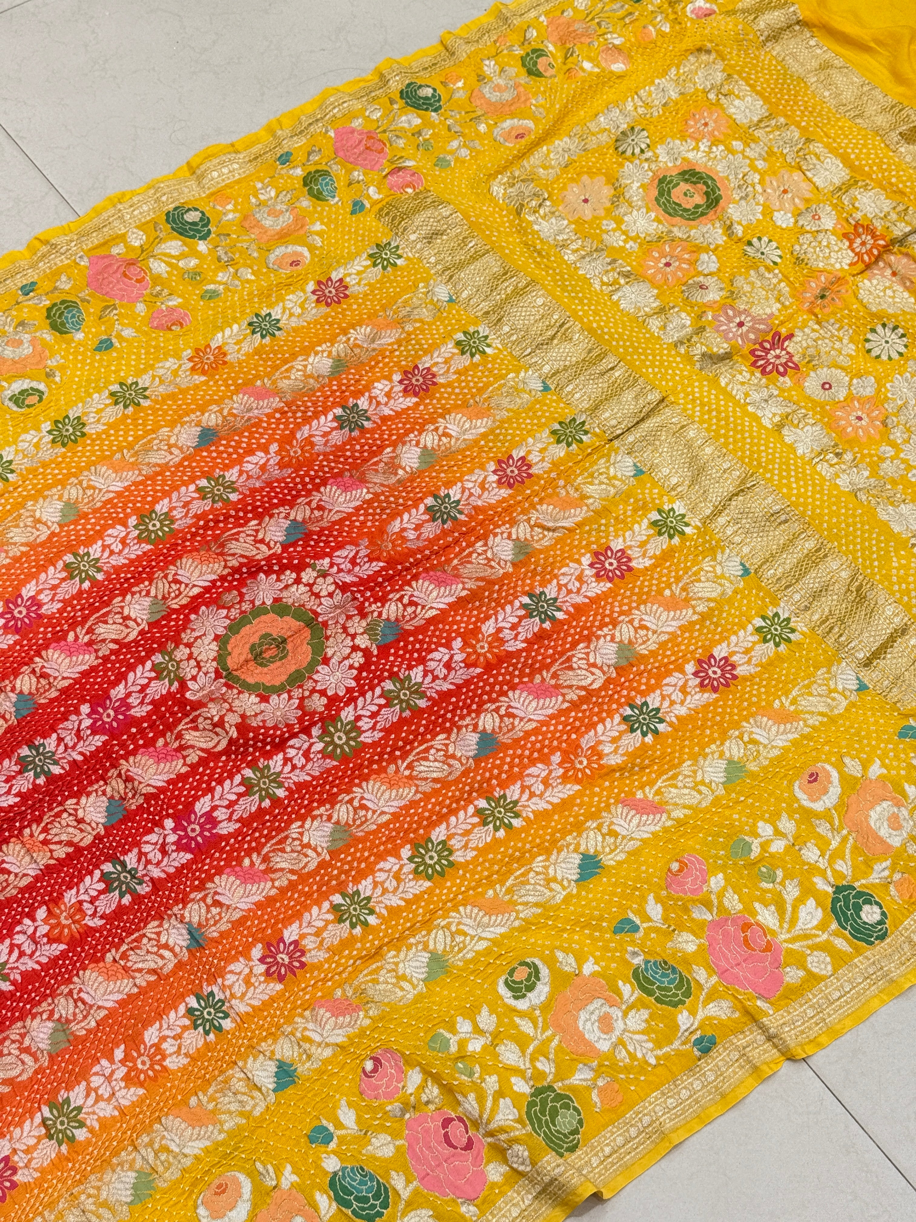 Yellow Red Shaded Floral Meenakari Rai Bandhej Georgette Bandhini Saree