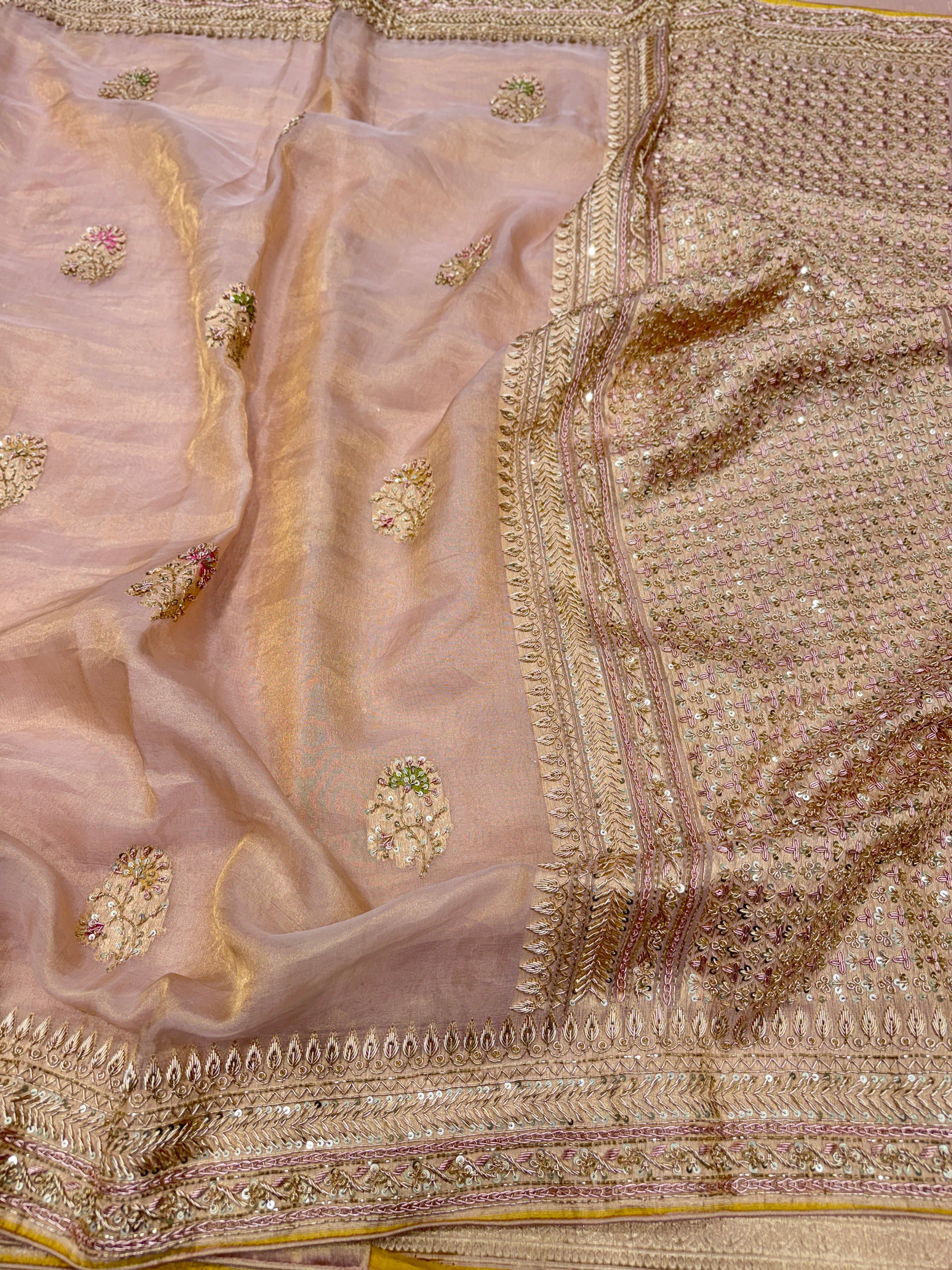 Pink Banarasi Tissue Handloom Kadwa Weave Zardosi Embroidery Saree