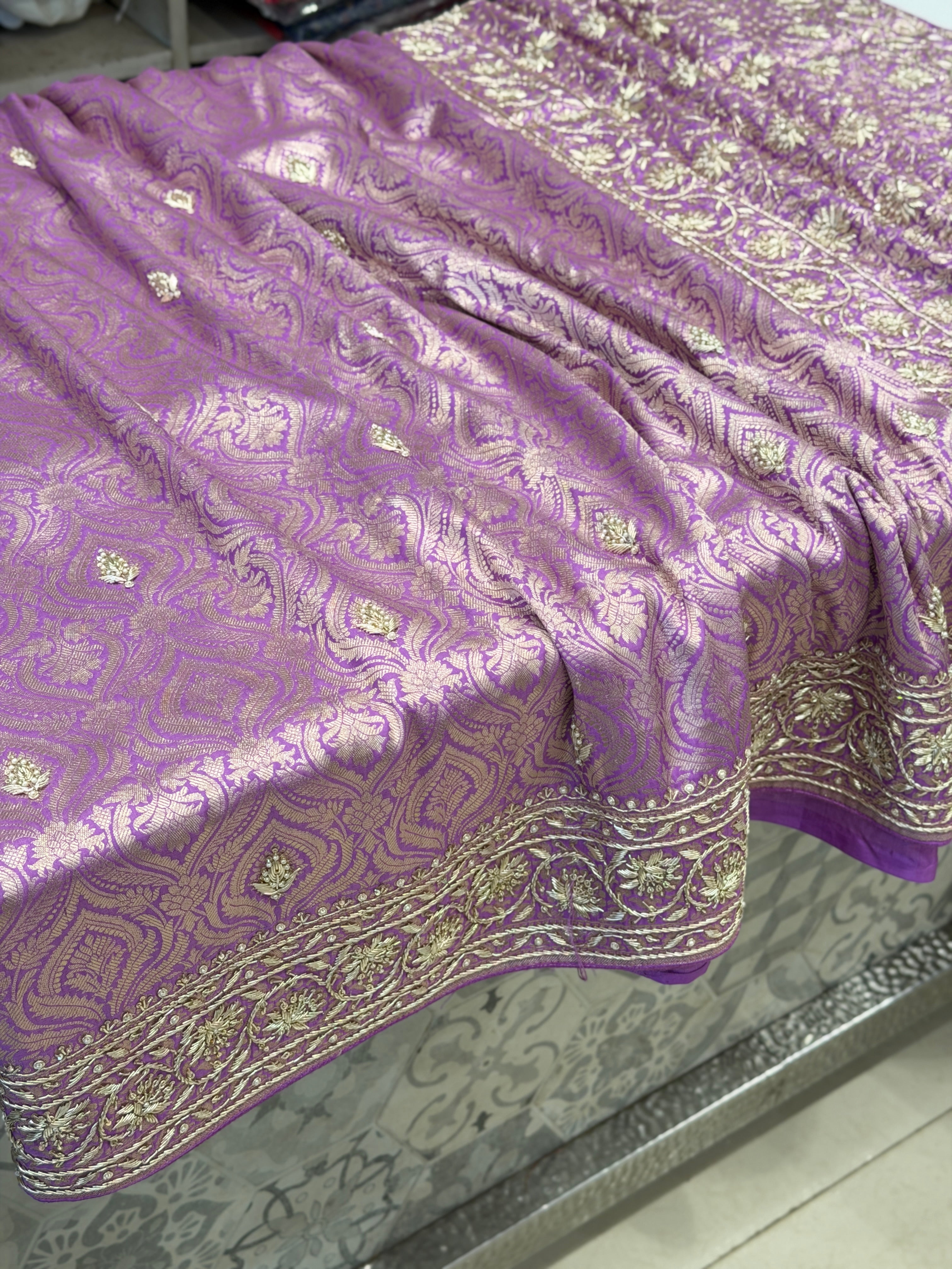 Lilac Brocade Handloom Banarasi Pure Katan Zardosi Embroidery Saree
