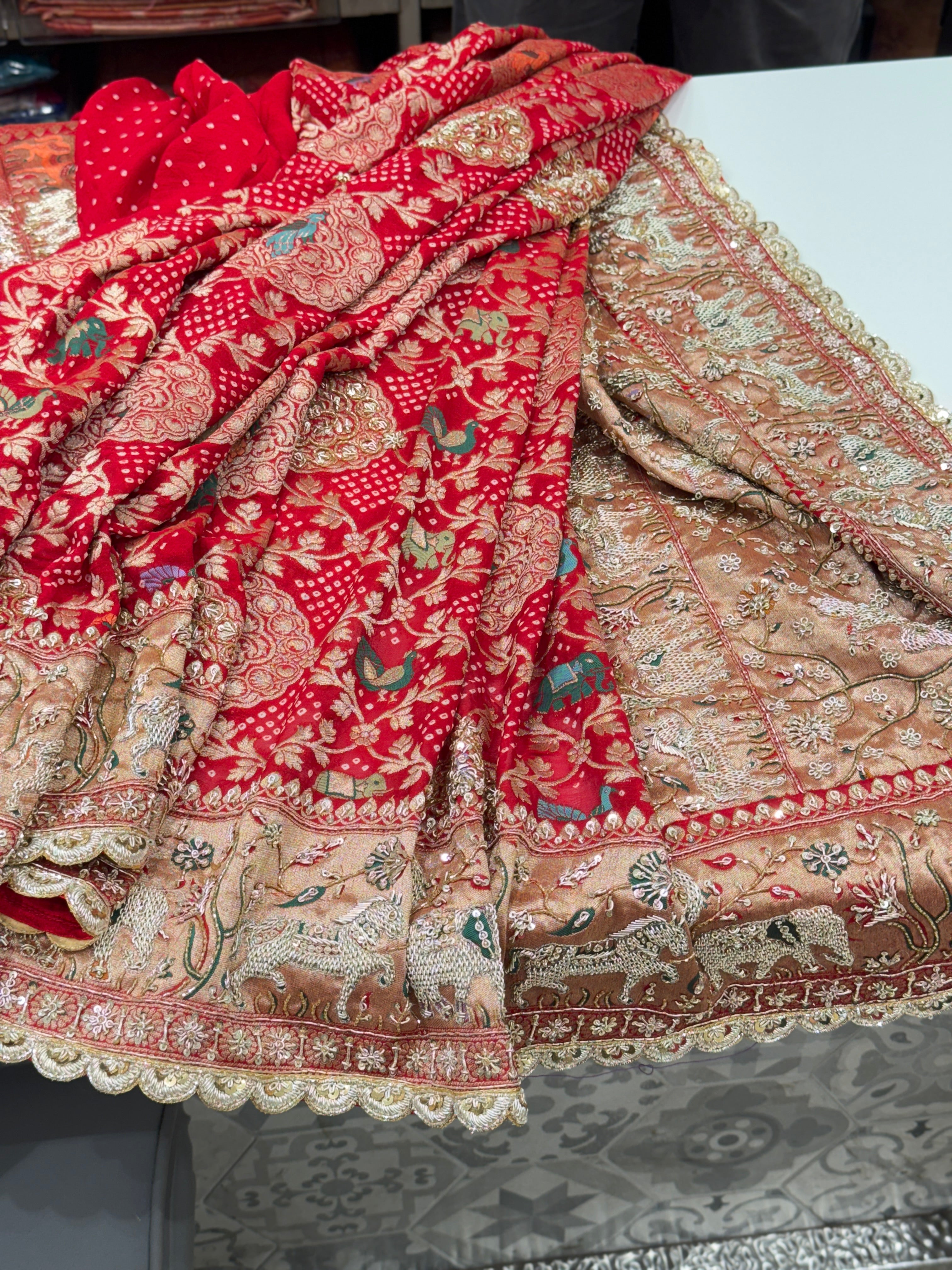 Red Meenakari Bandhej Zardosi Embroidery Saree