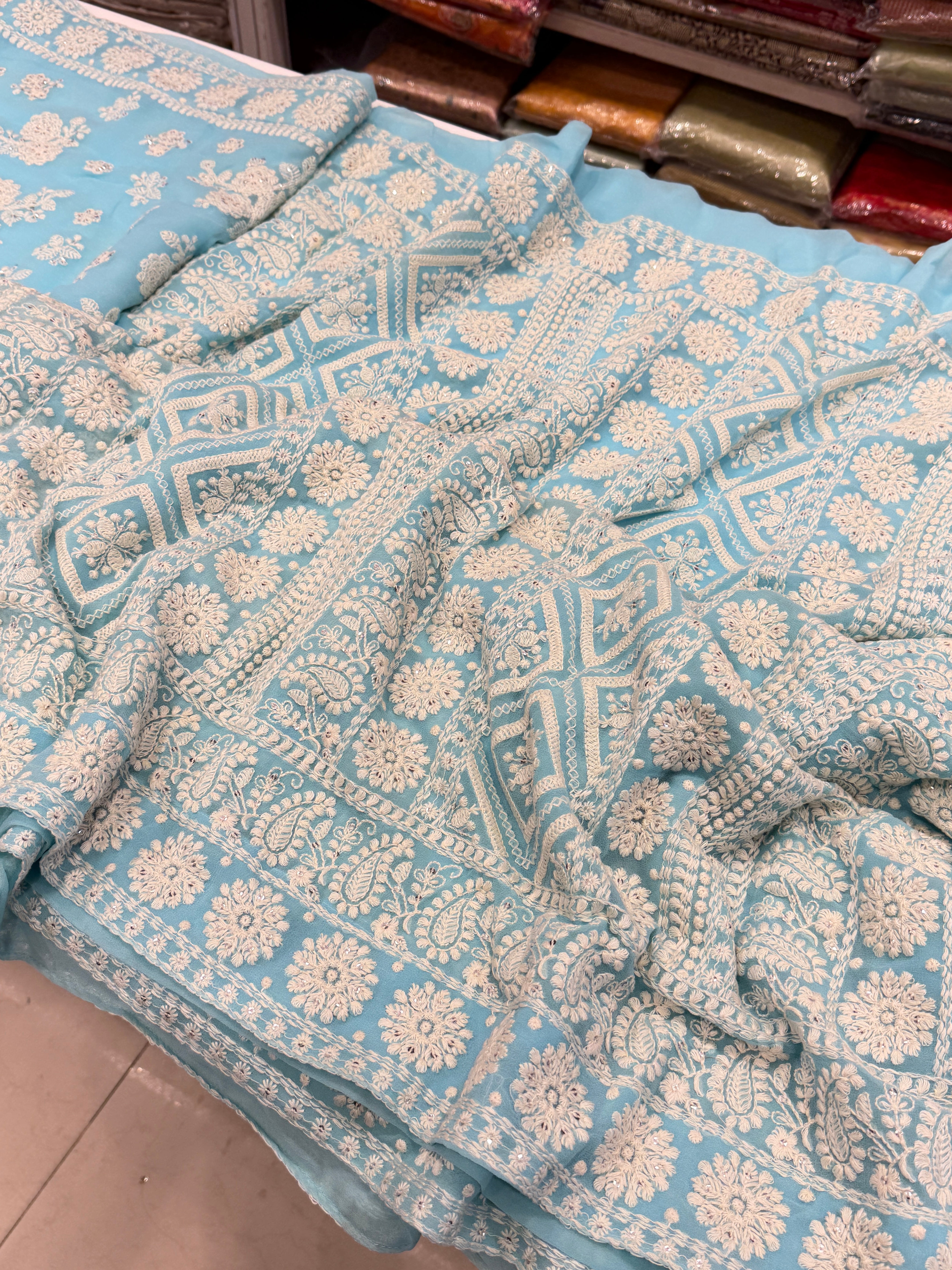 Light Blue Chikankari Georgette Resham Butta Saree
