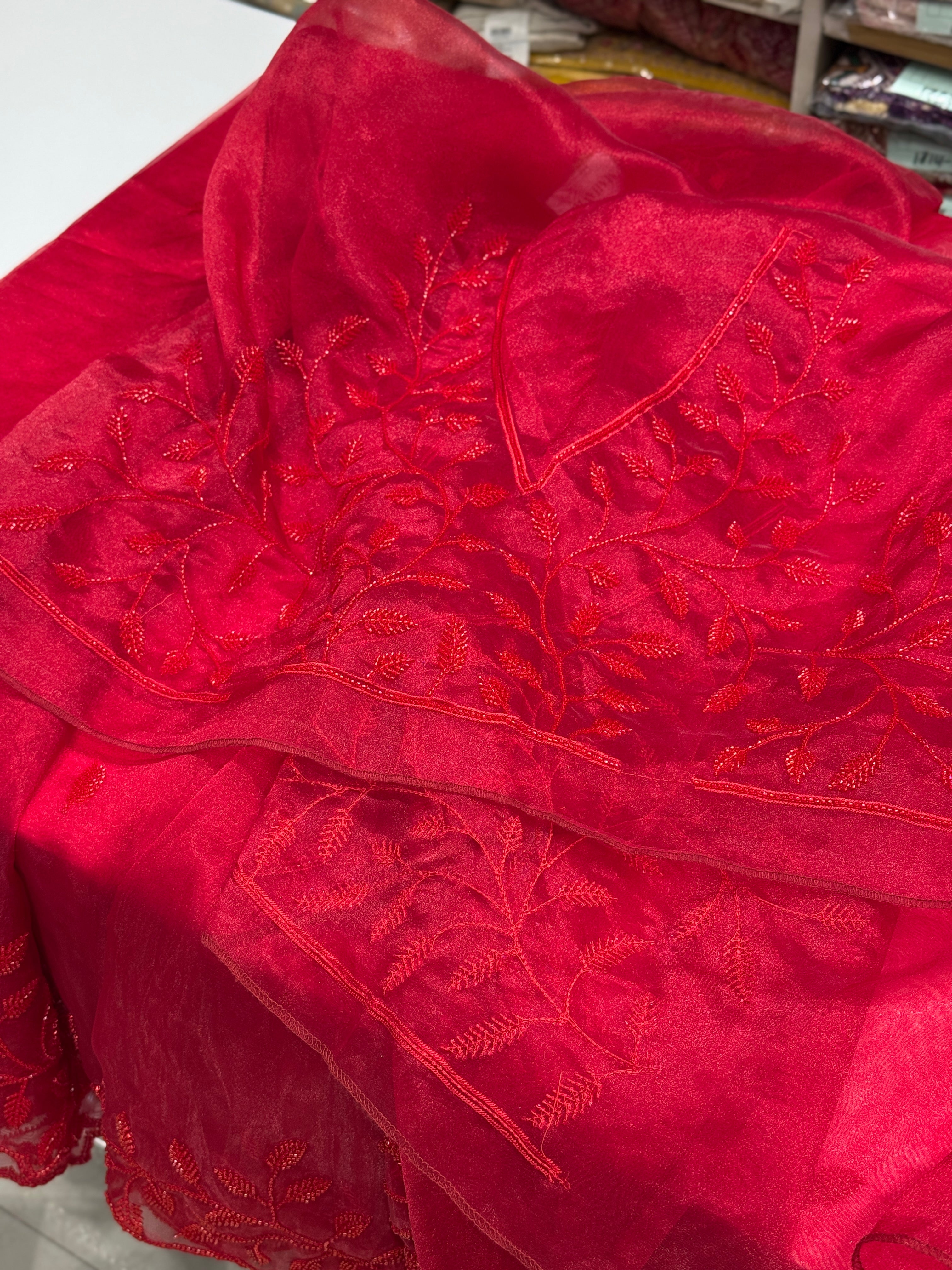 Red On Red Tissue Organza Self Work Saree