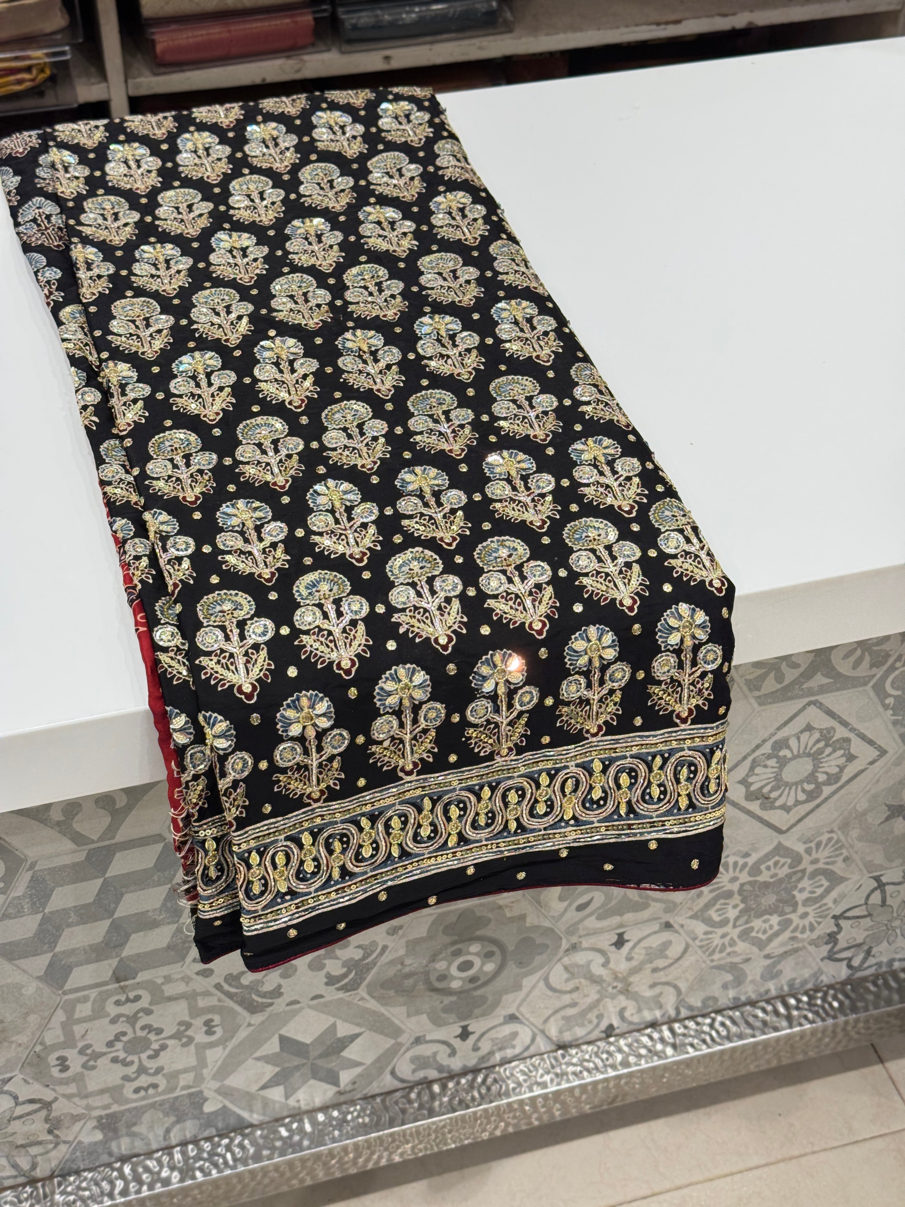 Black Floral Buttas Ajrakh Hand Embroidery Saree