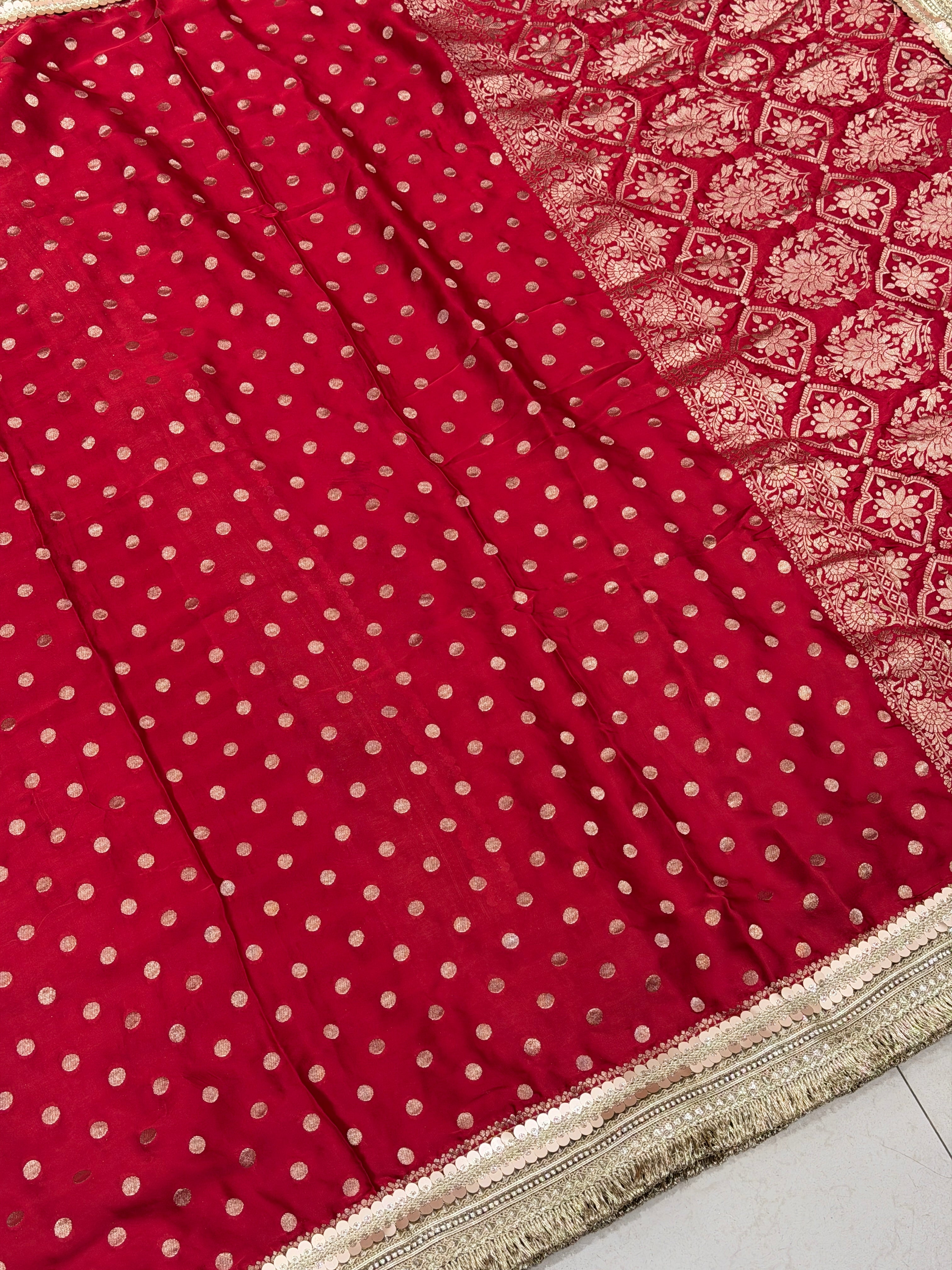 Red Polka Dot Satin Silk Maharani Lace Saree
