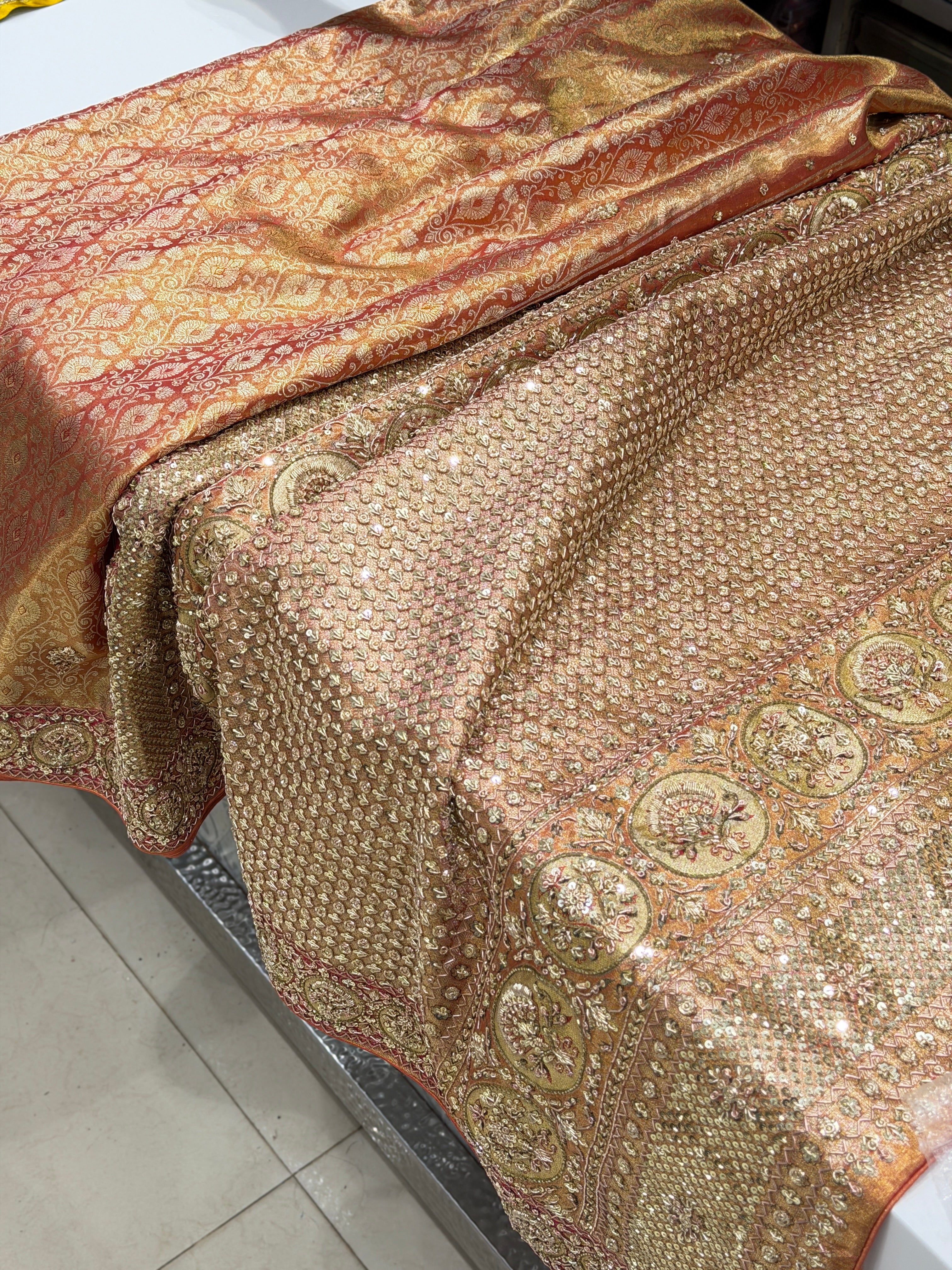 Red Tissue Kanjivaram Zardosi Meenakari Border Hand Embroidery Saree