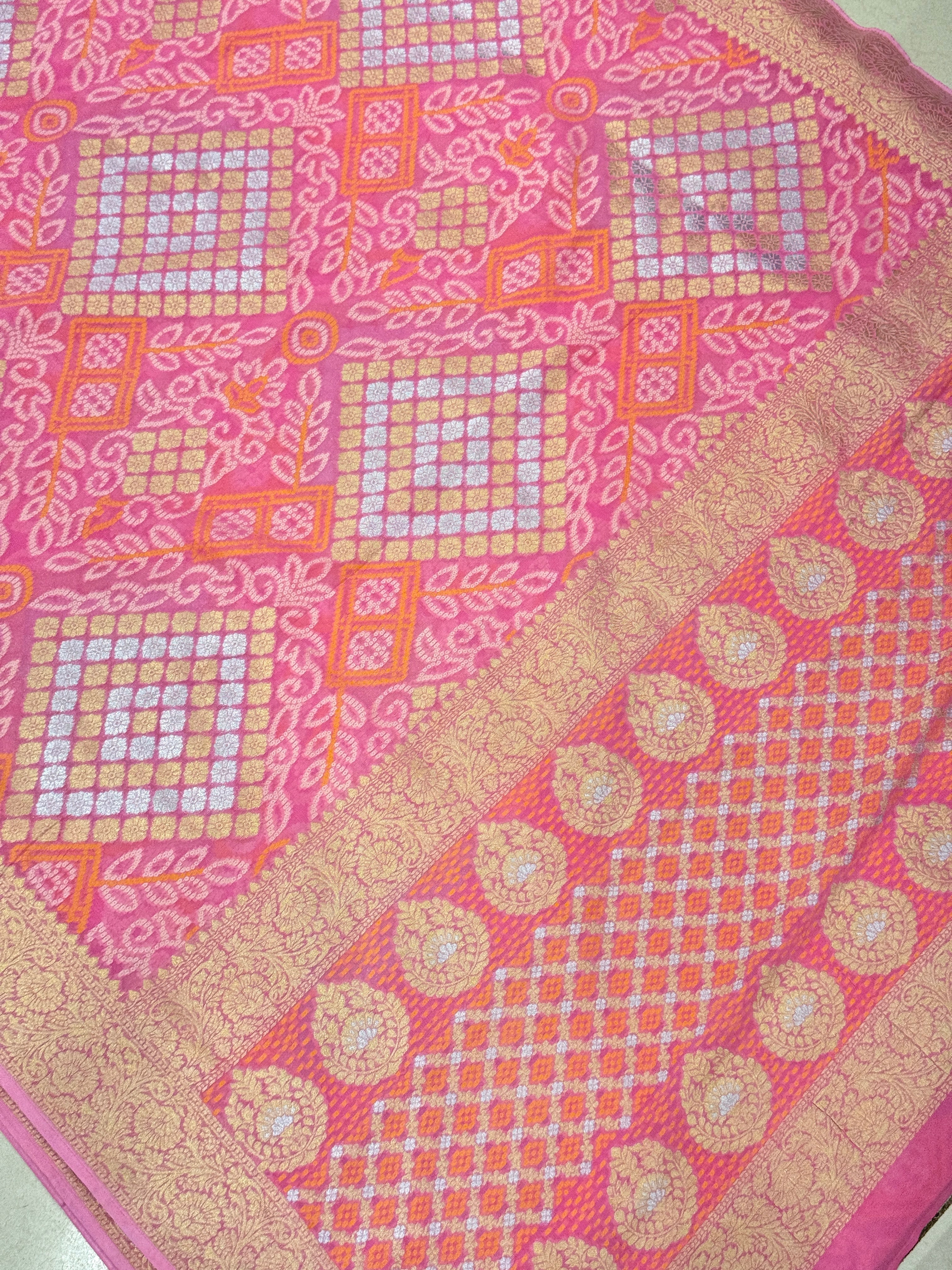Pink Woven Bandhej Sona Roopa Georgette Saree with contrast Blouse
