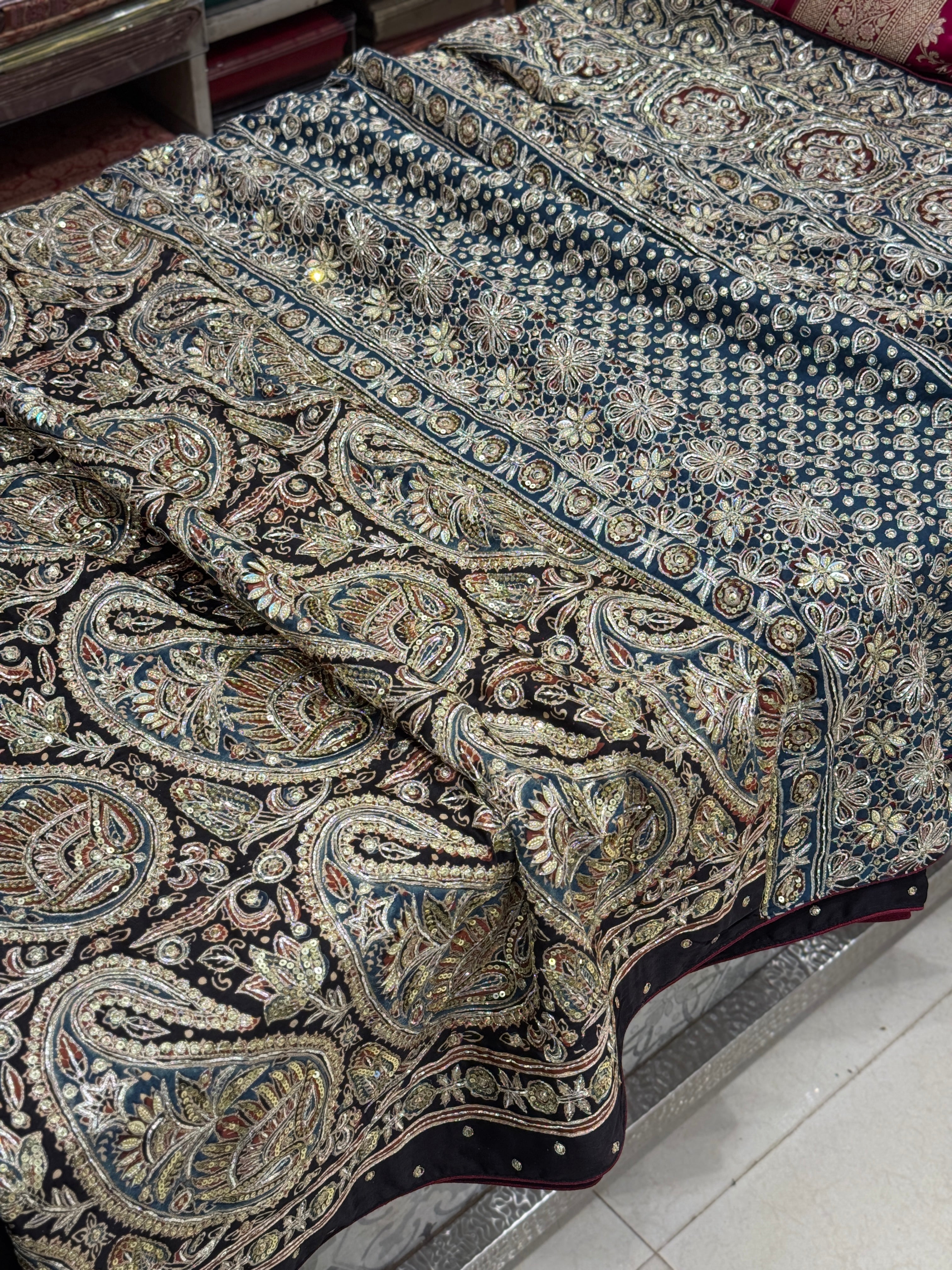 Black Keri Jaal Ajrakh Blue Pallu Hand Embroidery Zardosi and Pita Work