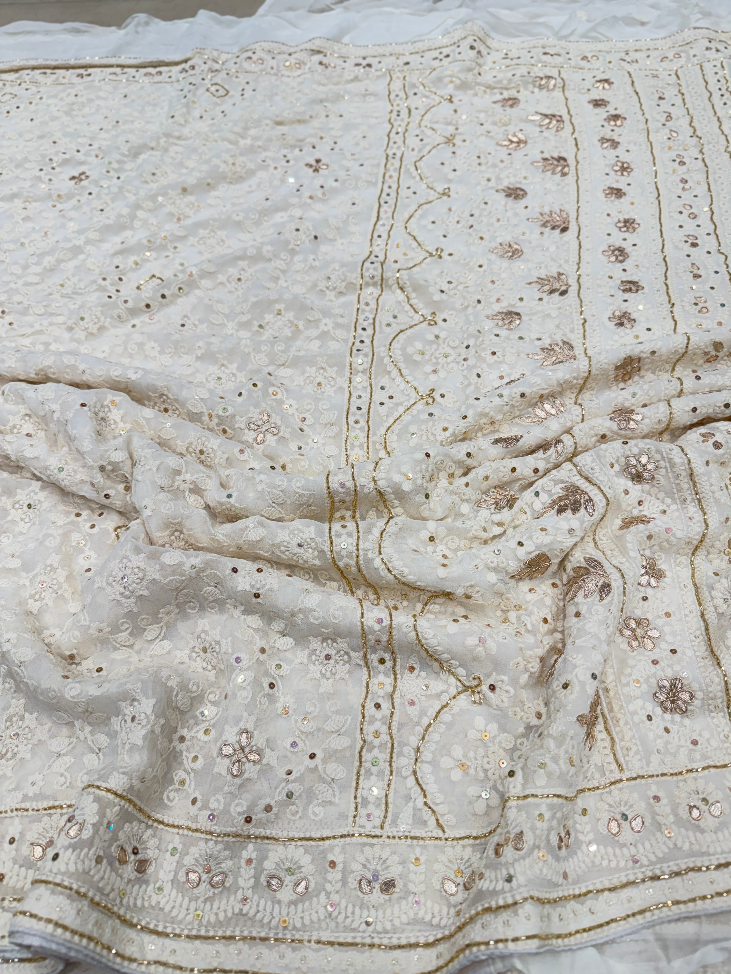 White Chikankari on Georgette with Cutdana Hand Embroidery