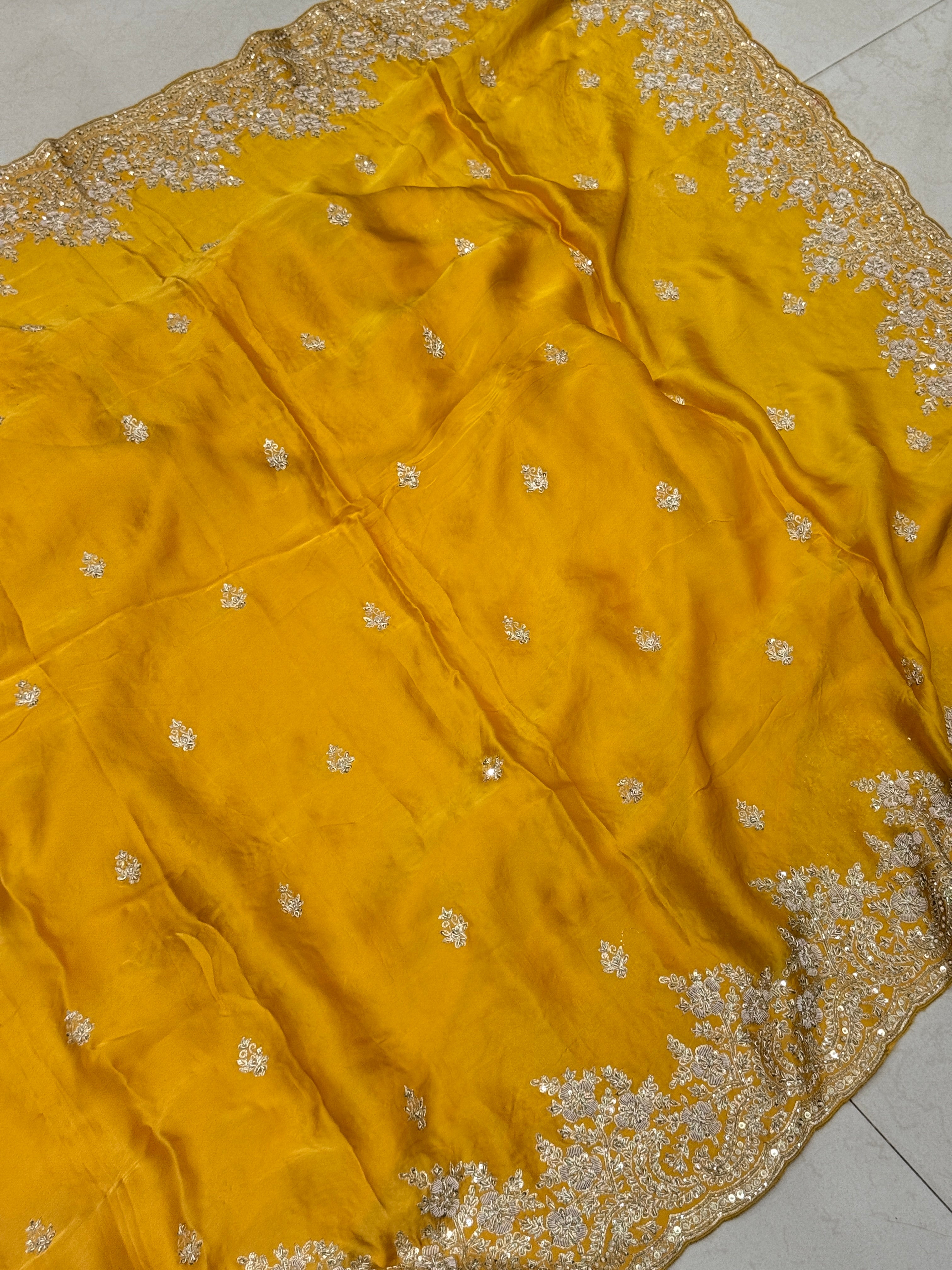 Mustard Yellow Buttis Pure Satin Hand Embroidery Zardosi Saree