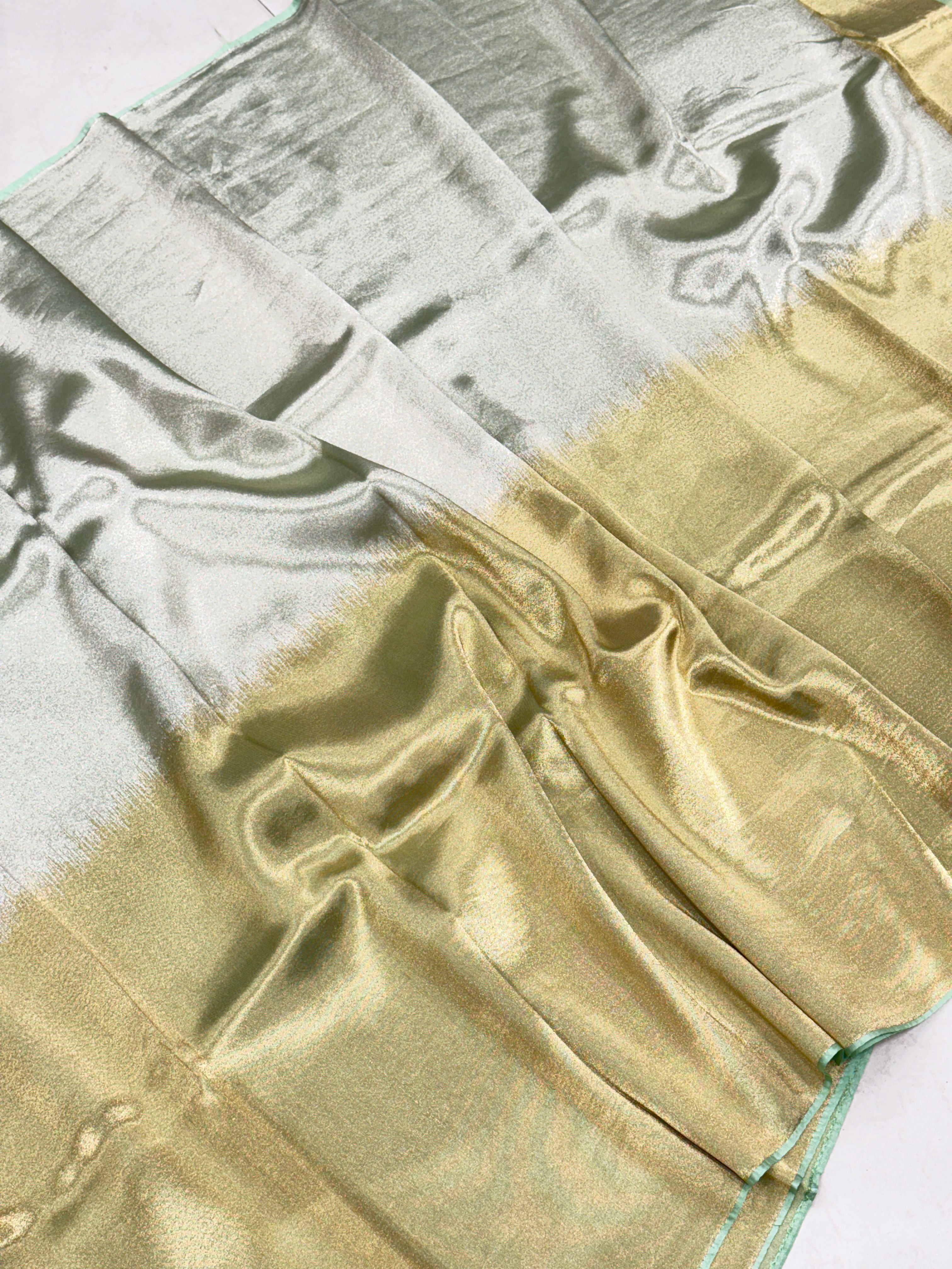 Pista Green Gold Silver Half Half Contemporary Banarasi Tissue Silk Saree