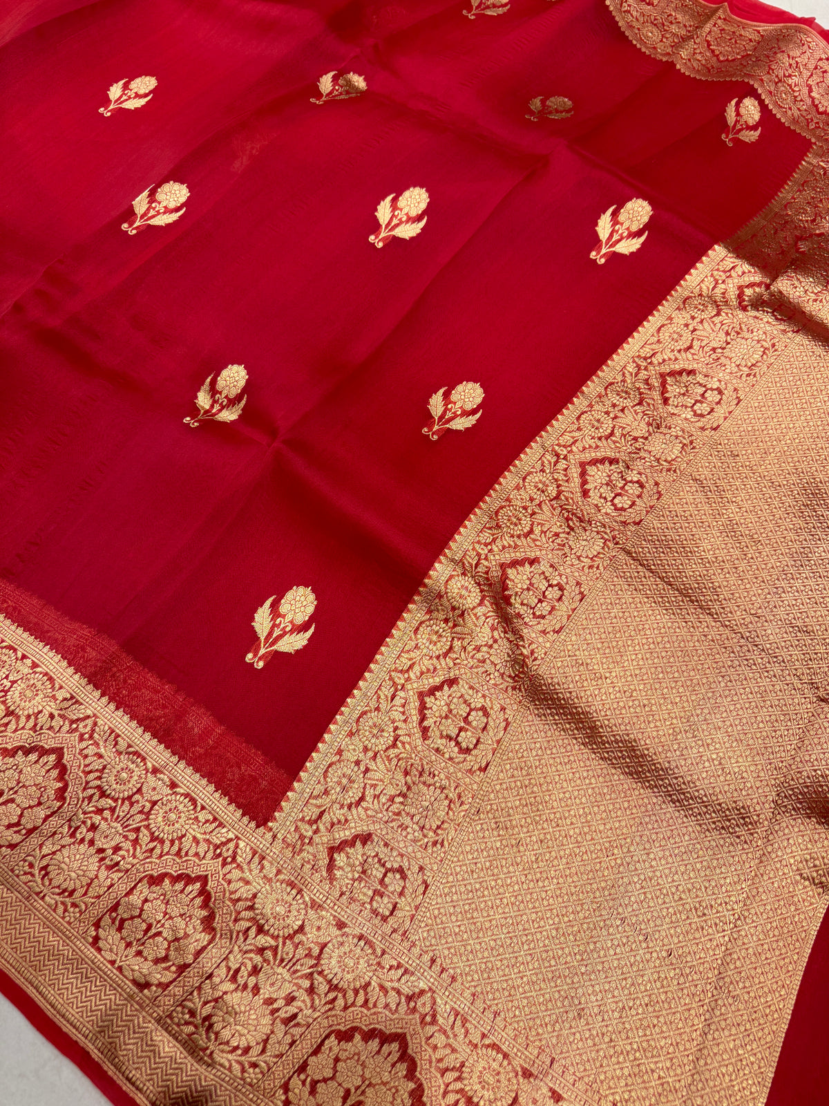 Red Buttas Handloom Banarasi Kora Silk Saree