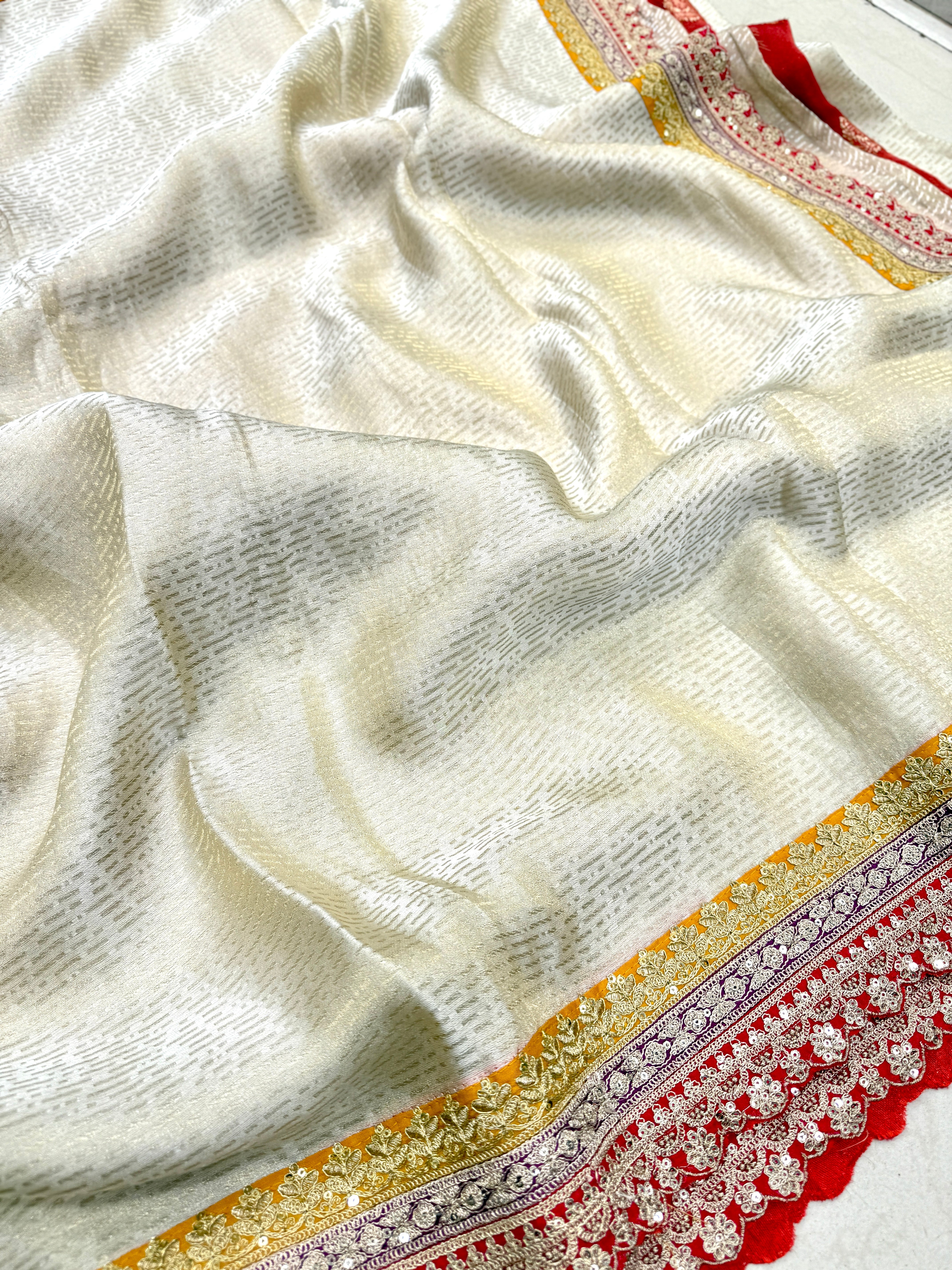 Crepe Tissue Weaved Contemporary Sabyasachi Inspired Red Border Saree