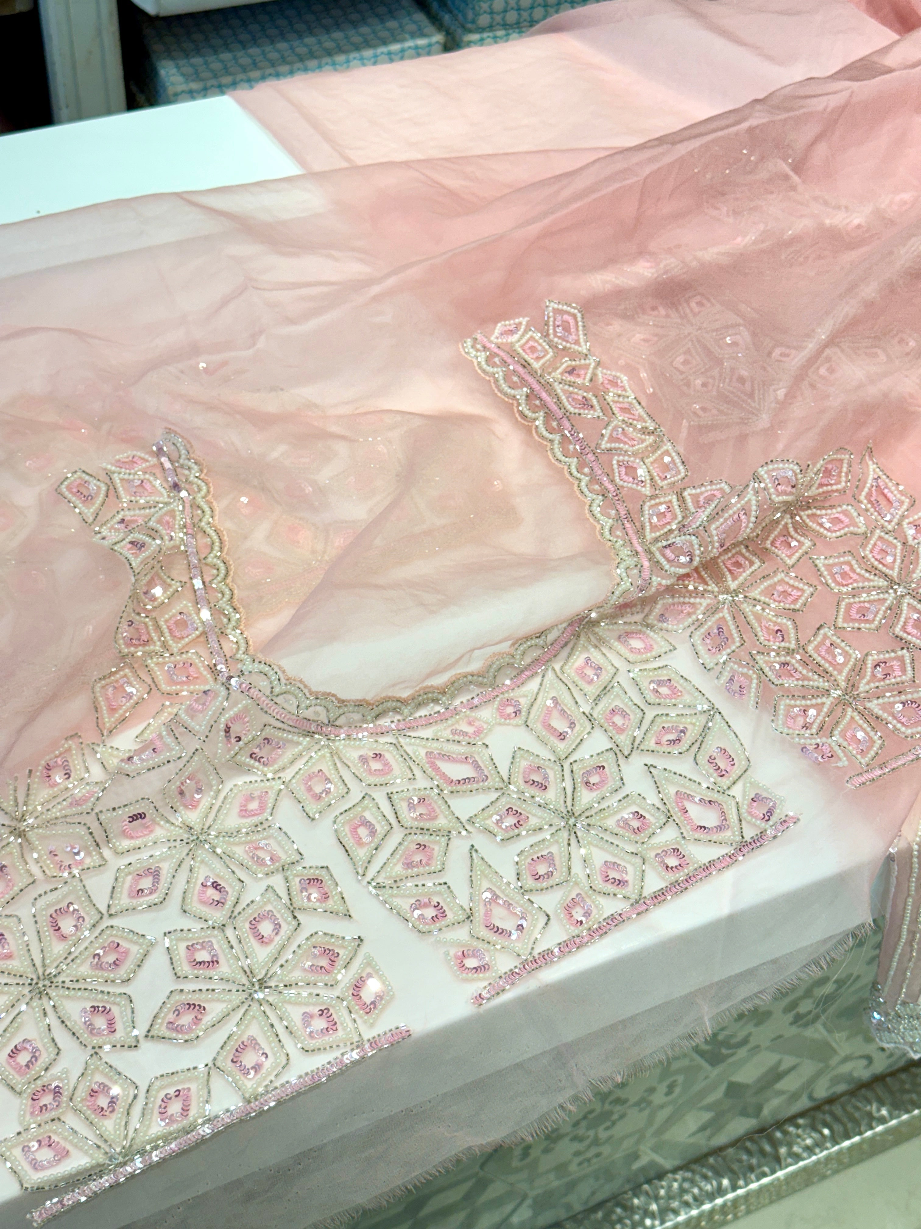 Pink Organza Moti Sequin Embroidery Saree