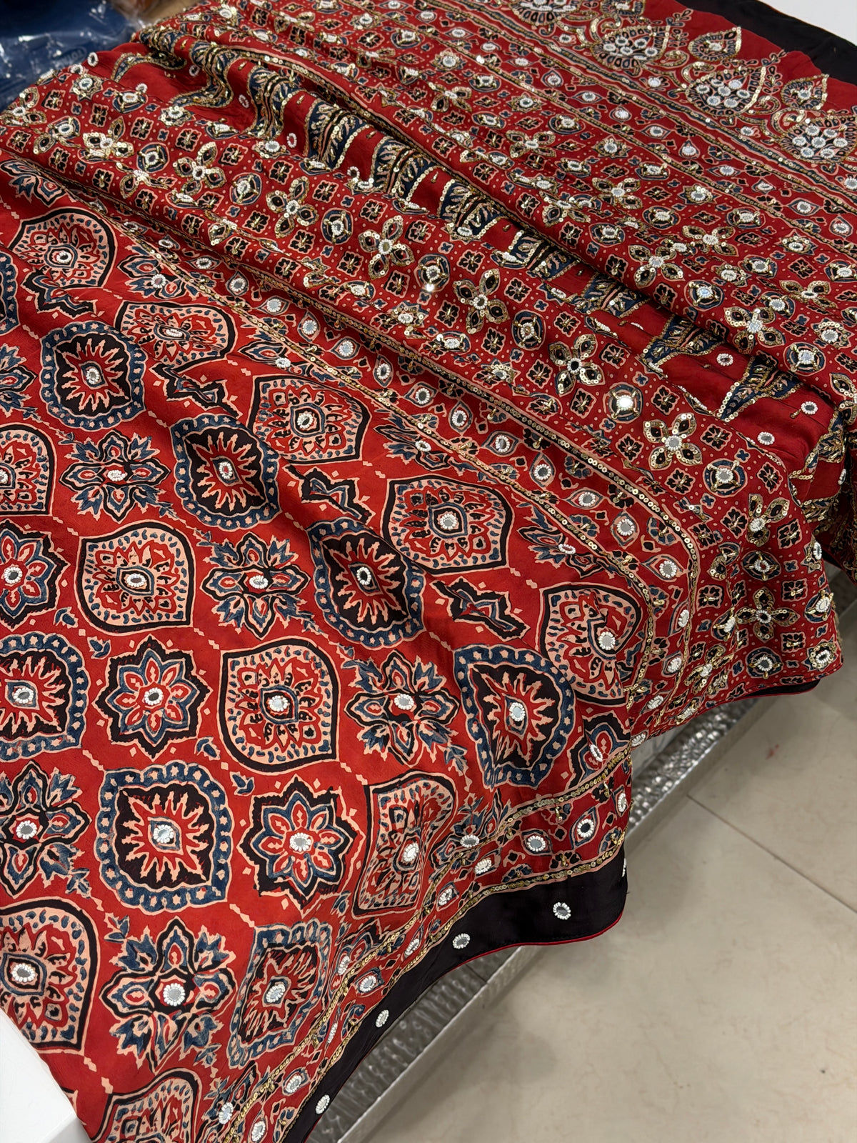 Red Badam Jaal Ajrakh Real Mirror Moti Sequin Hand Embroidery Saree