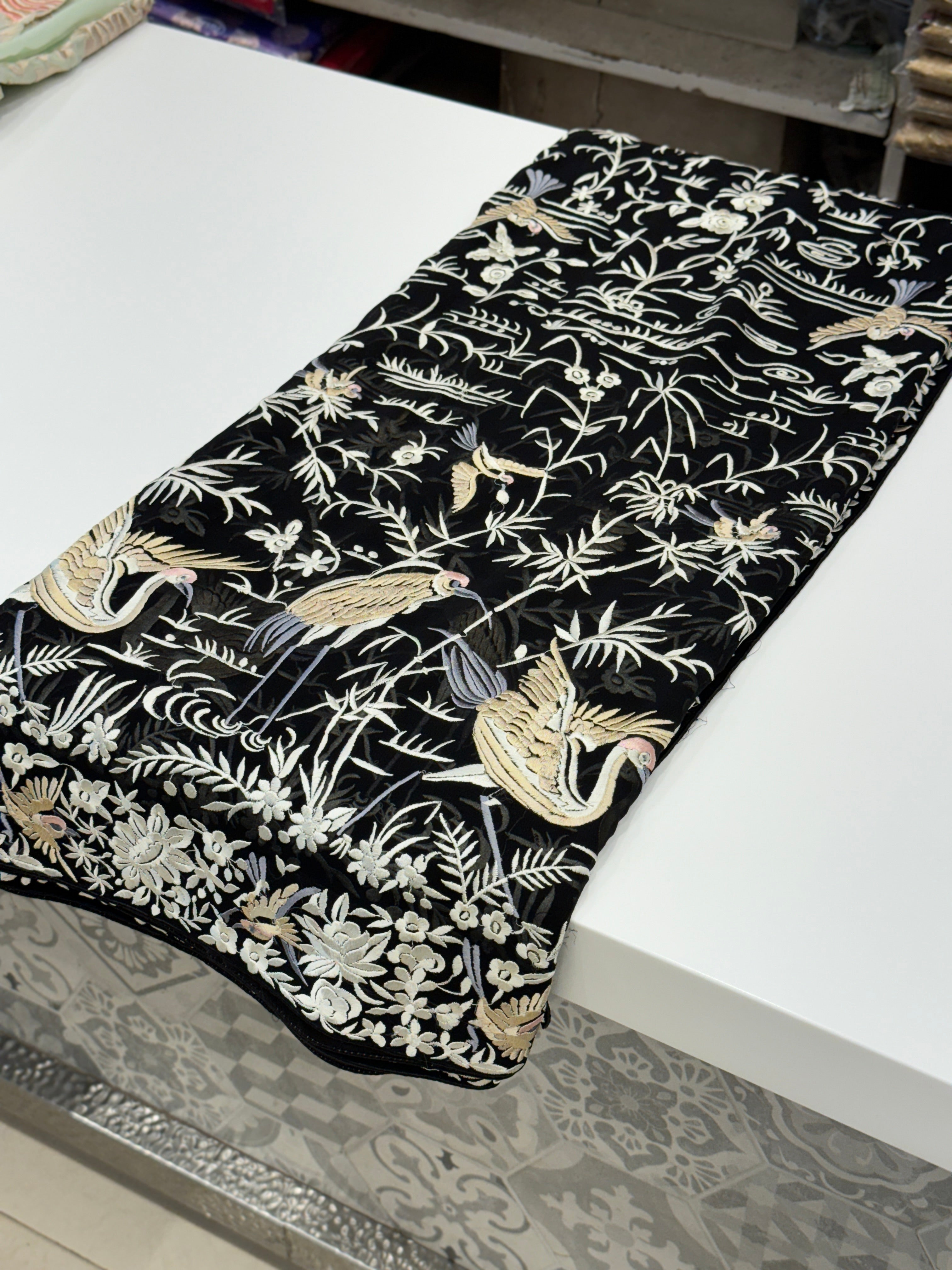Black Parsi Gara Flying Flamingo Georgette Saree