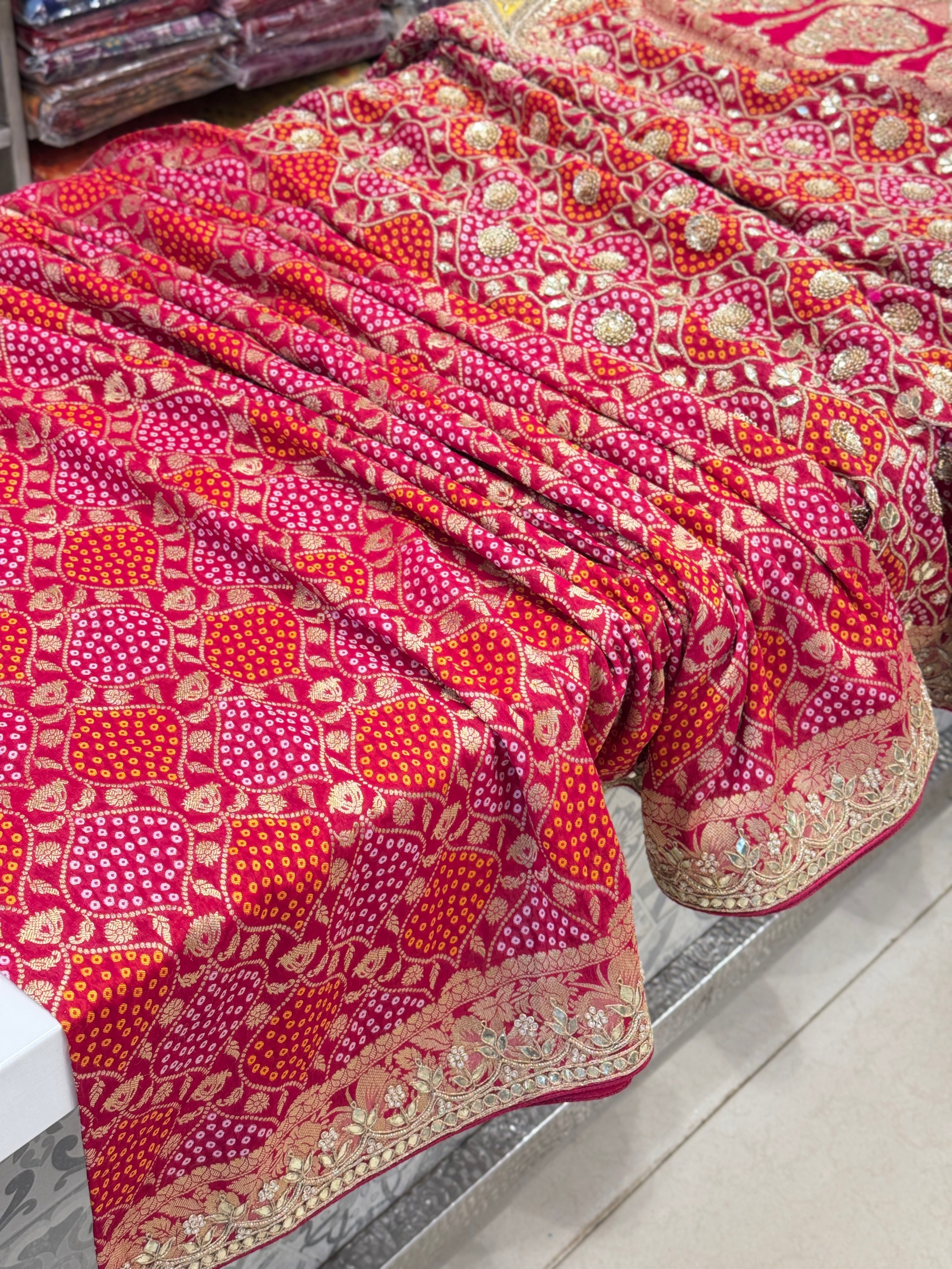 Rani Pink Georgette Woven Bandhej Gotapatti Zardosi Hand Embroidery Saree