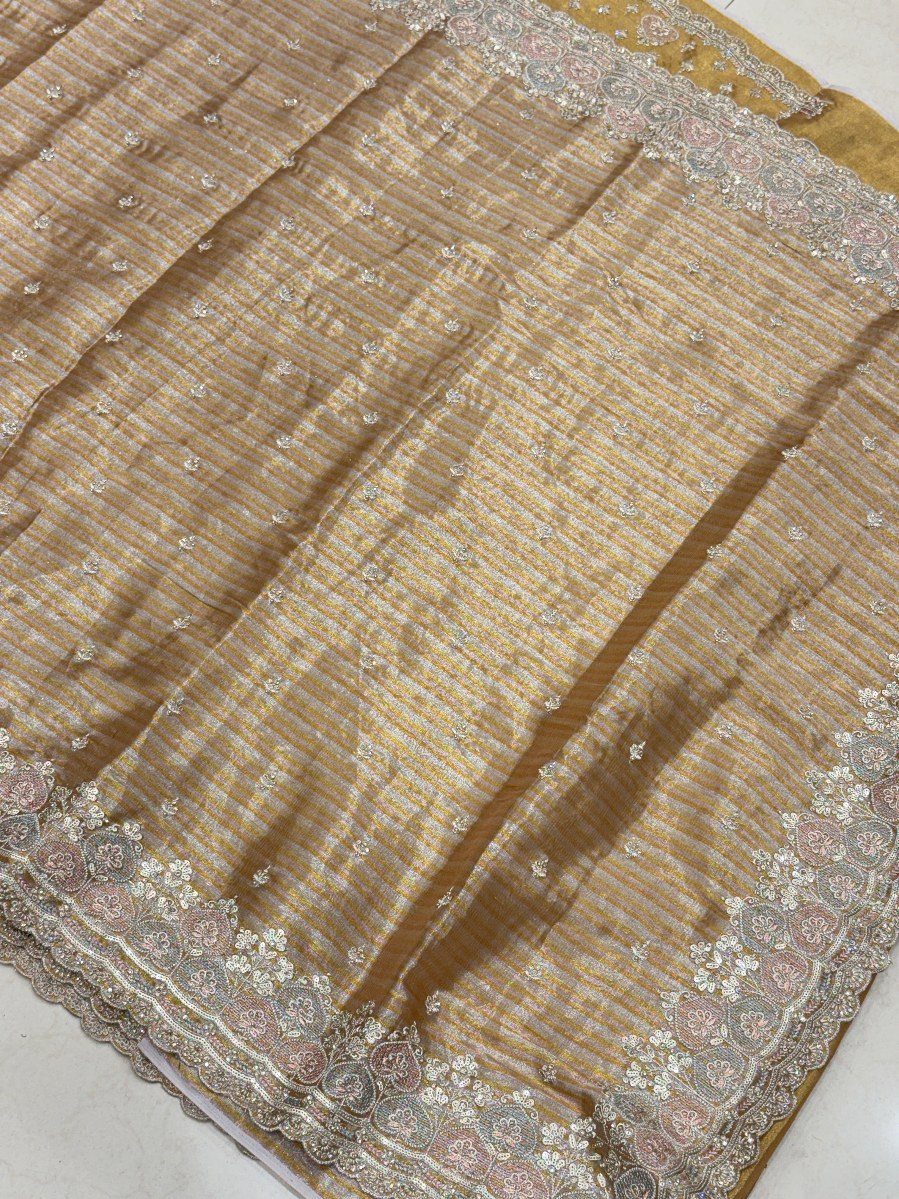 Golden Silver Soft Tissue Meenakari Pita Embroidery Saree