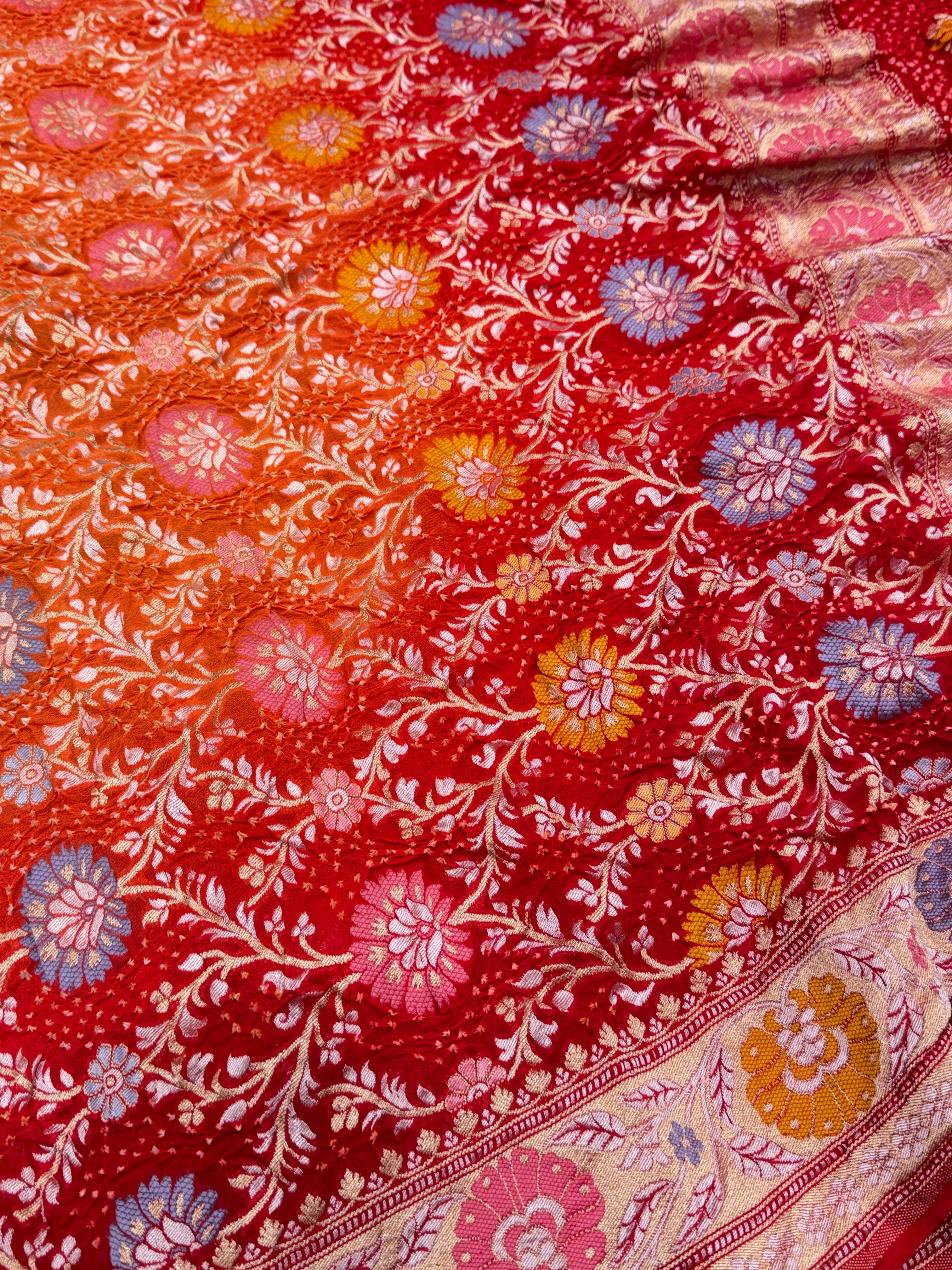Shaded Orange Red Meenakari Jaal Pure Handloom Bandhej Georgette Saree