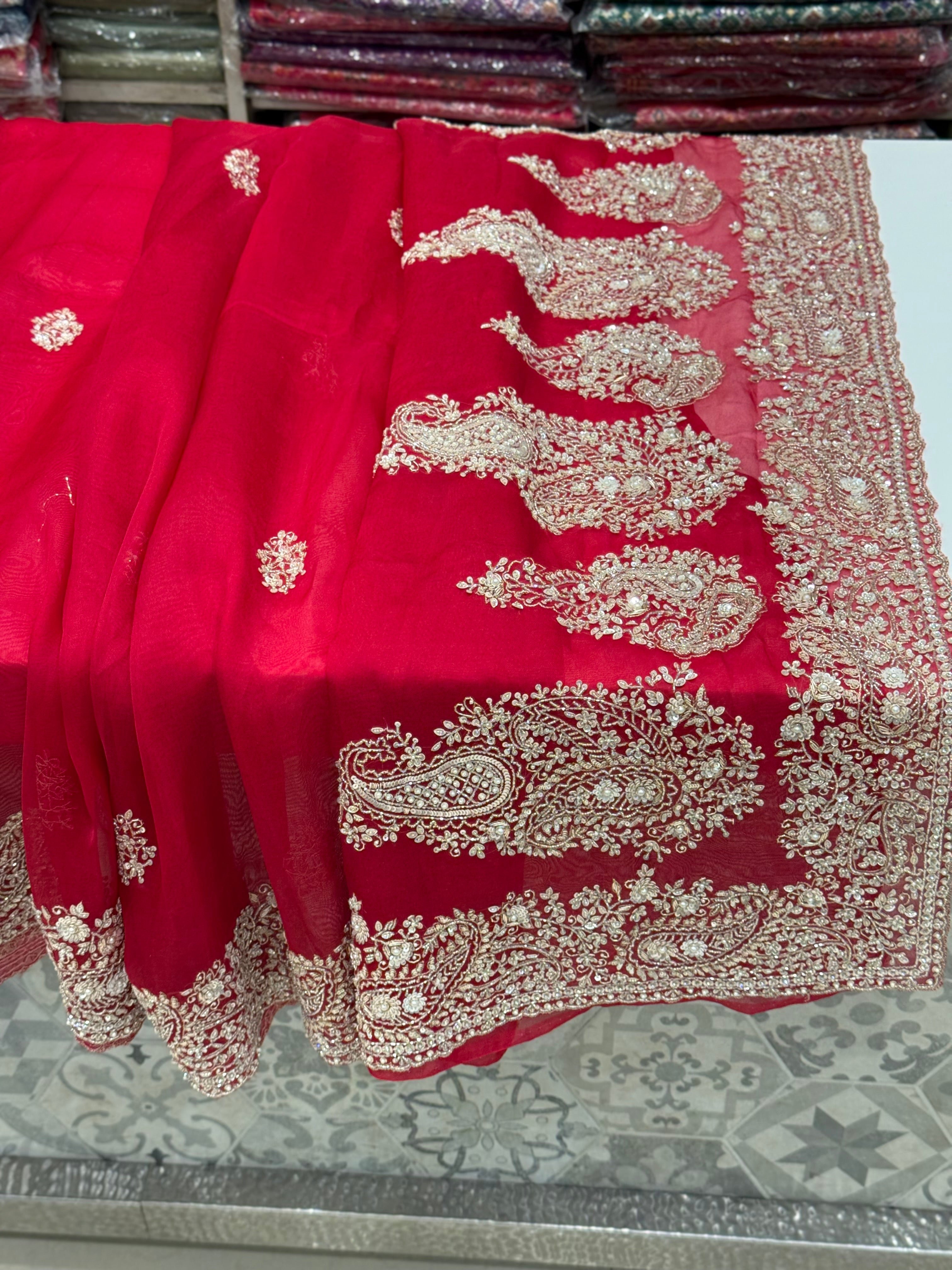 Red Organza Hand Embroidery Saree