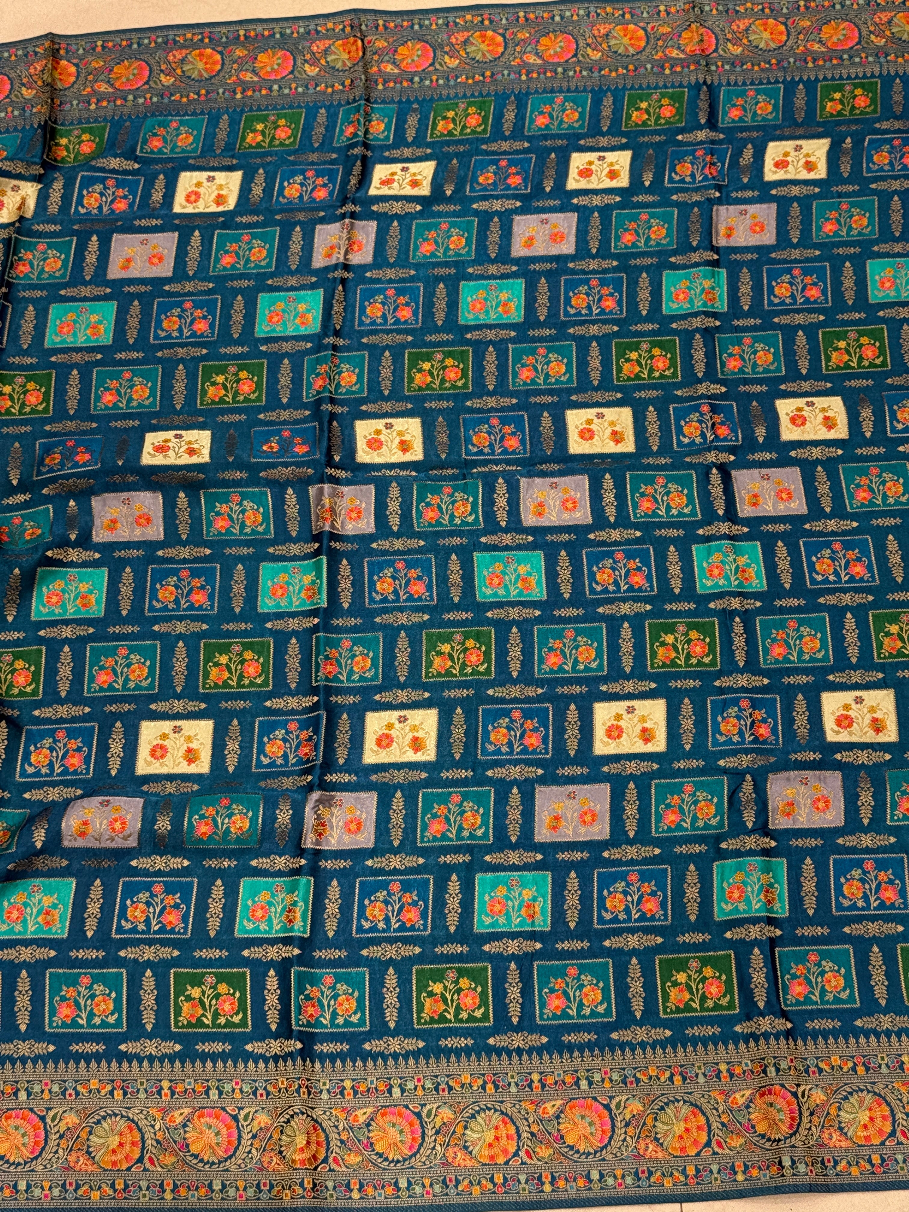 Rama Blue Box Check Banarasi Modal Satin Rangkat Saree