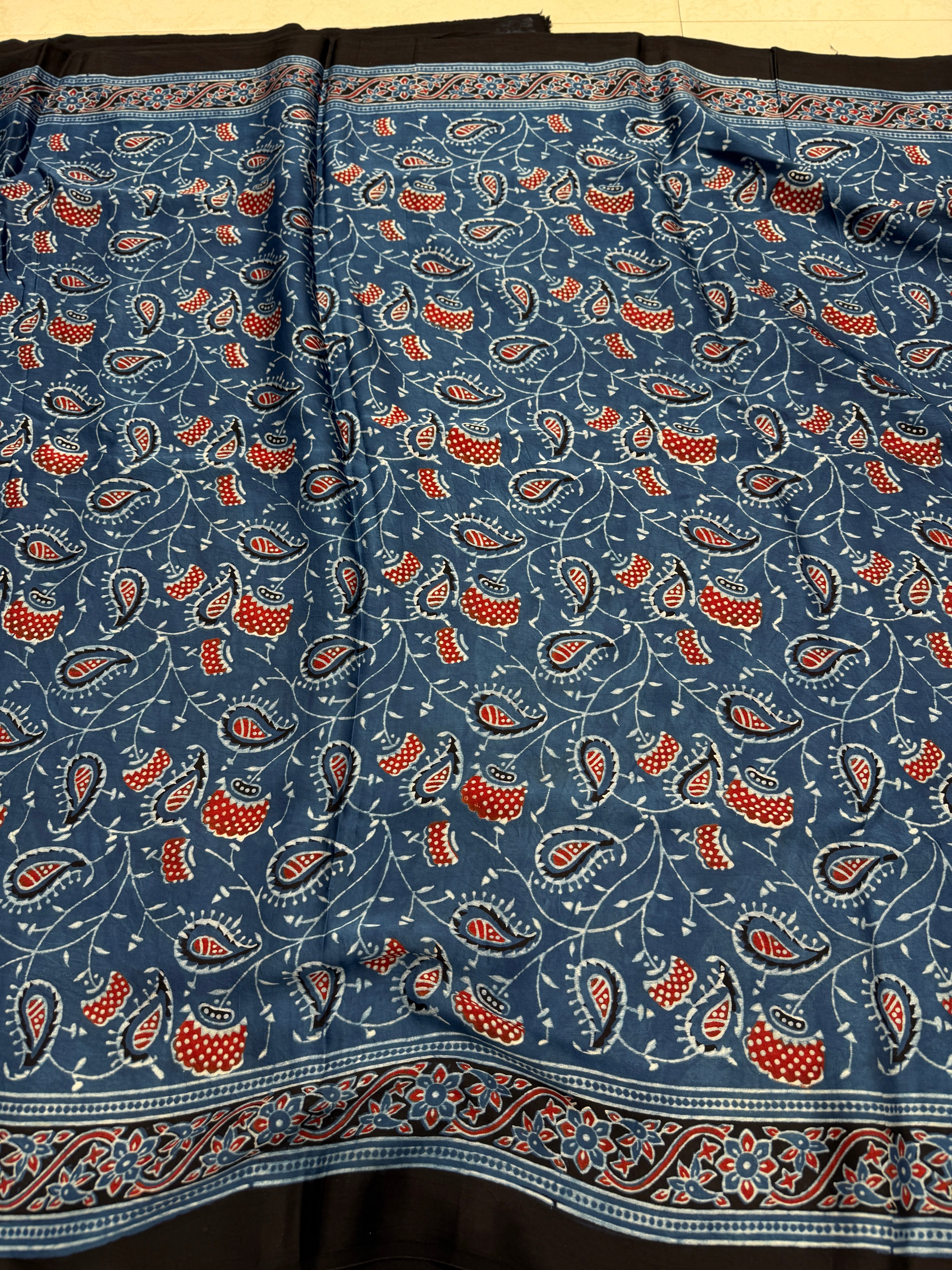 Blue Keari Jaal Ajrakh Hand Block Print Pure Modal Silk Saree