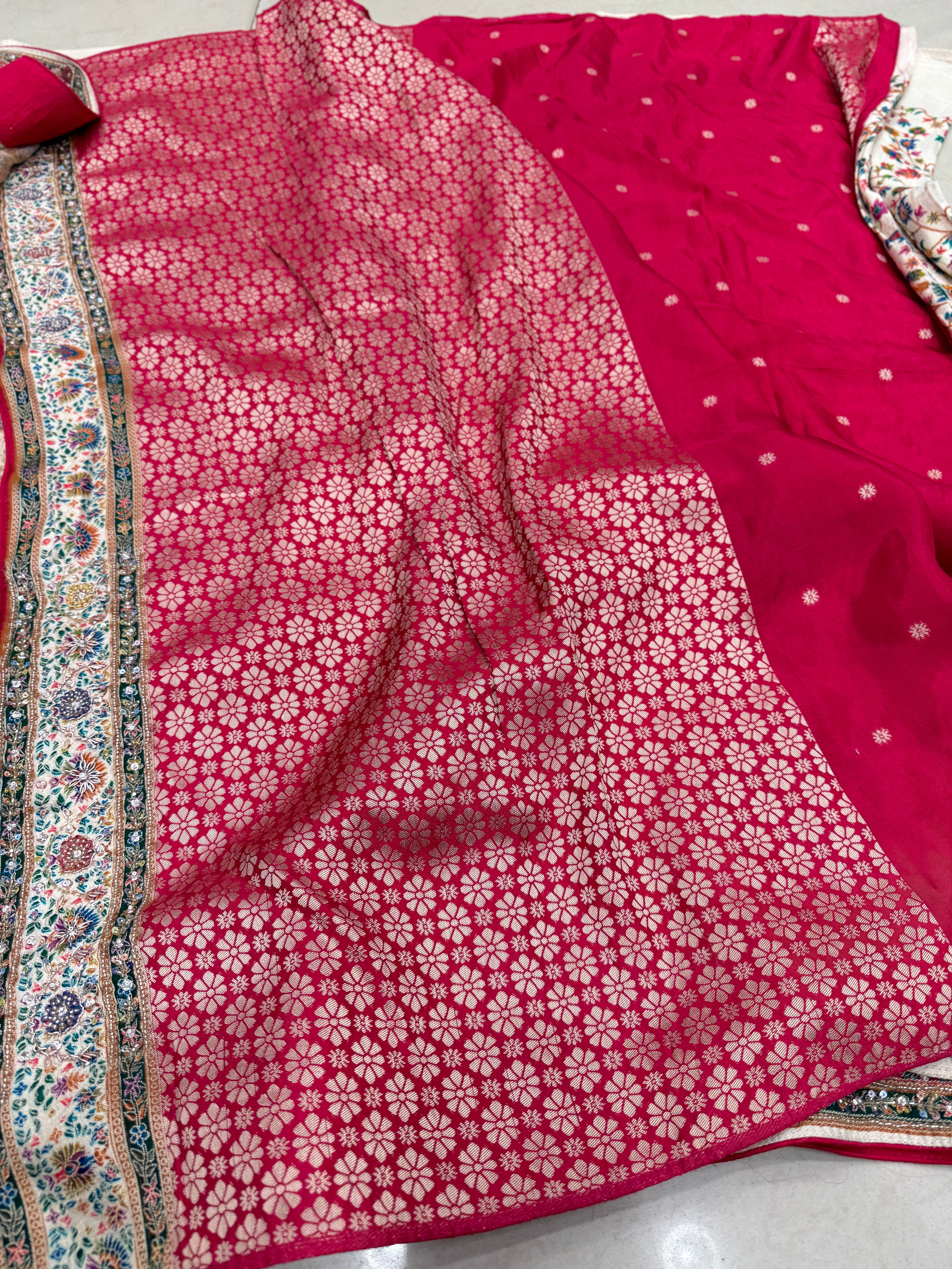 Moti White Munga Pashmina Style Hand Embroidery Saree