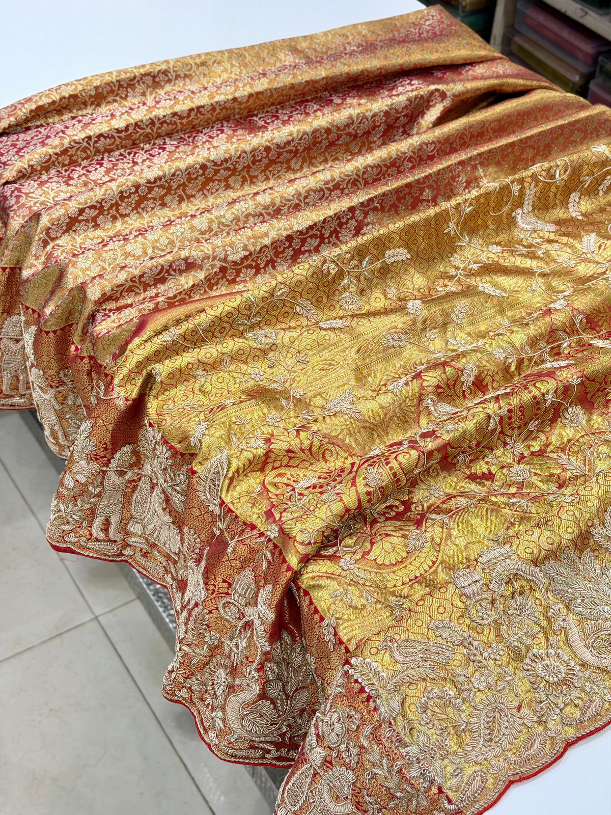 Red Tissue Kanjivaram Zardosi Doli Hand Embroidery Saree