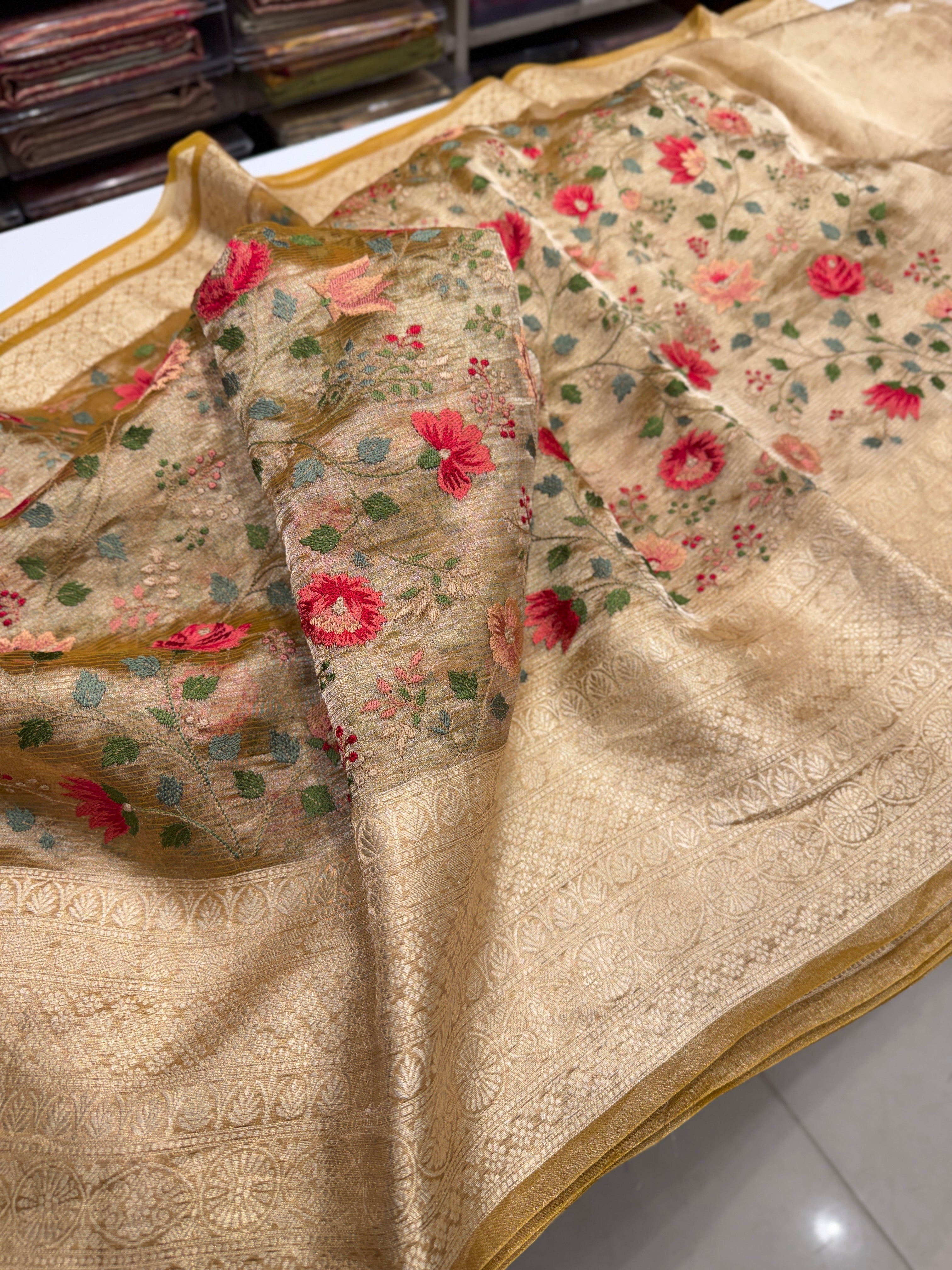 Yellow Zari Tissue Resham Embroidery Saree