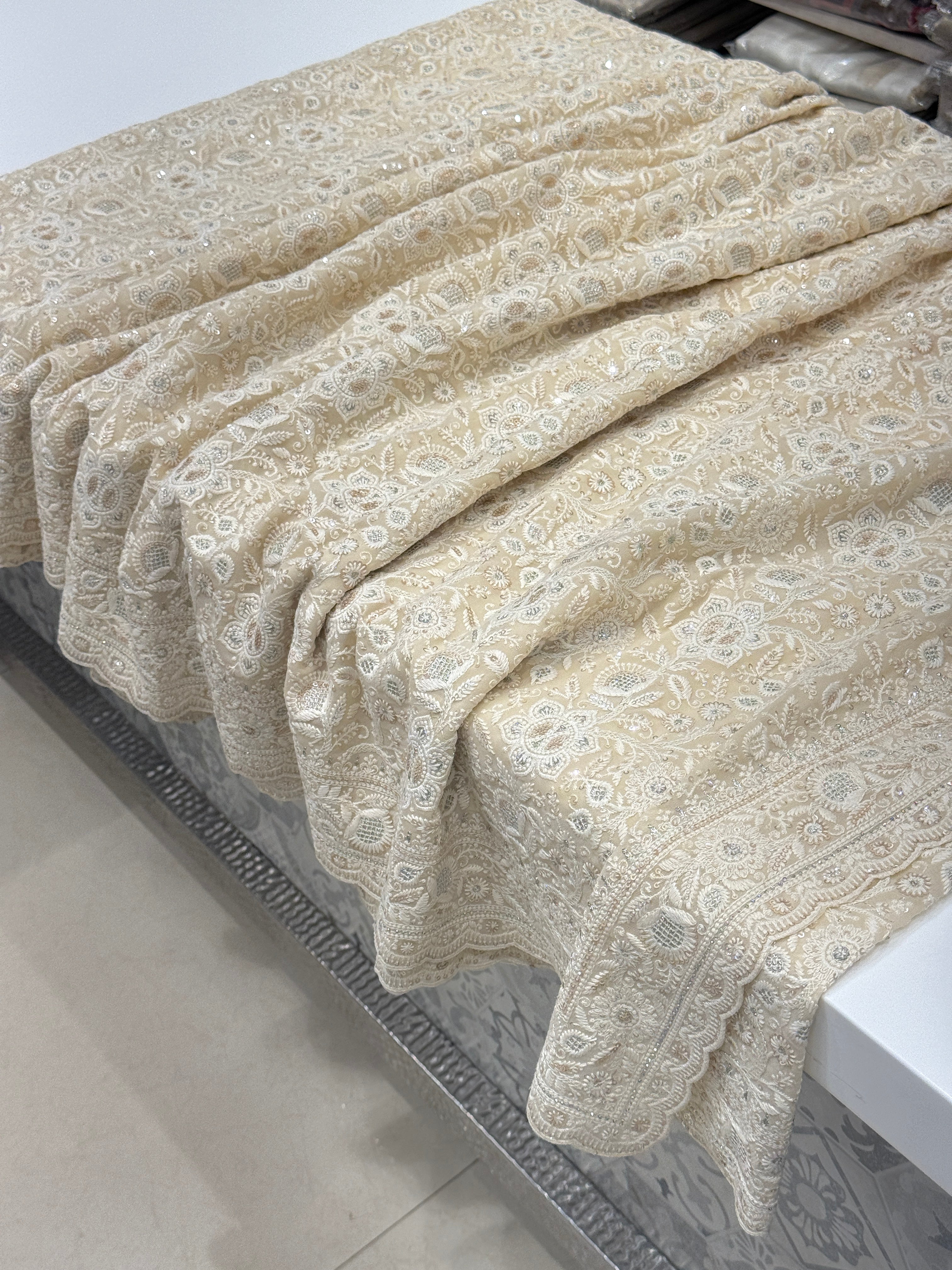 Cream Pink Chikankari Small Scallop Design Saree