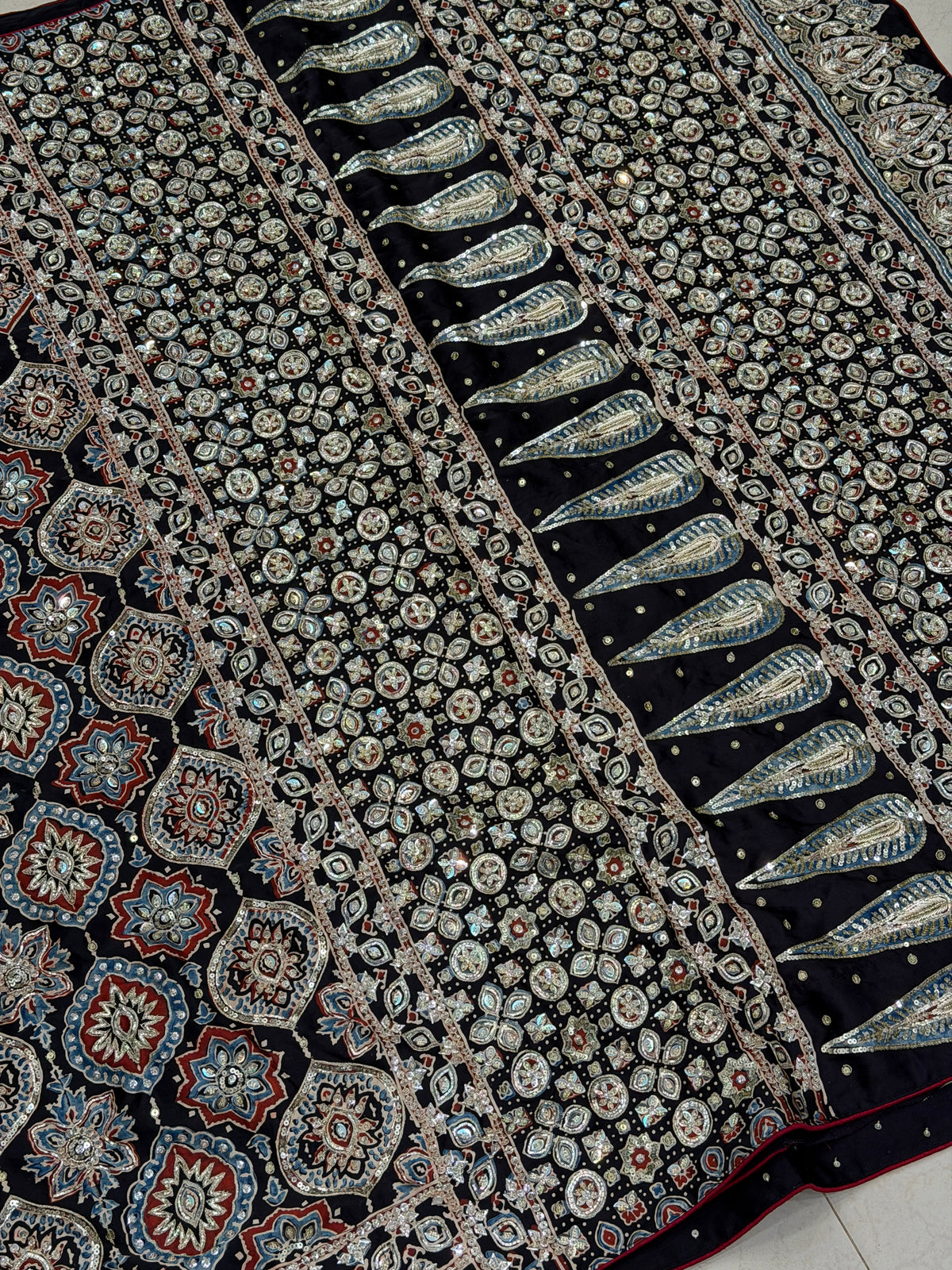 Black Badam Jaal Pita Zardosi Sequin Ajrakh Hand Embroidery Saree