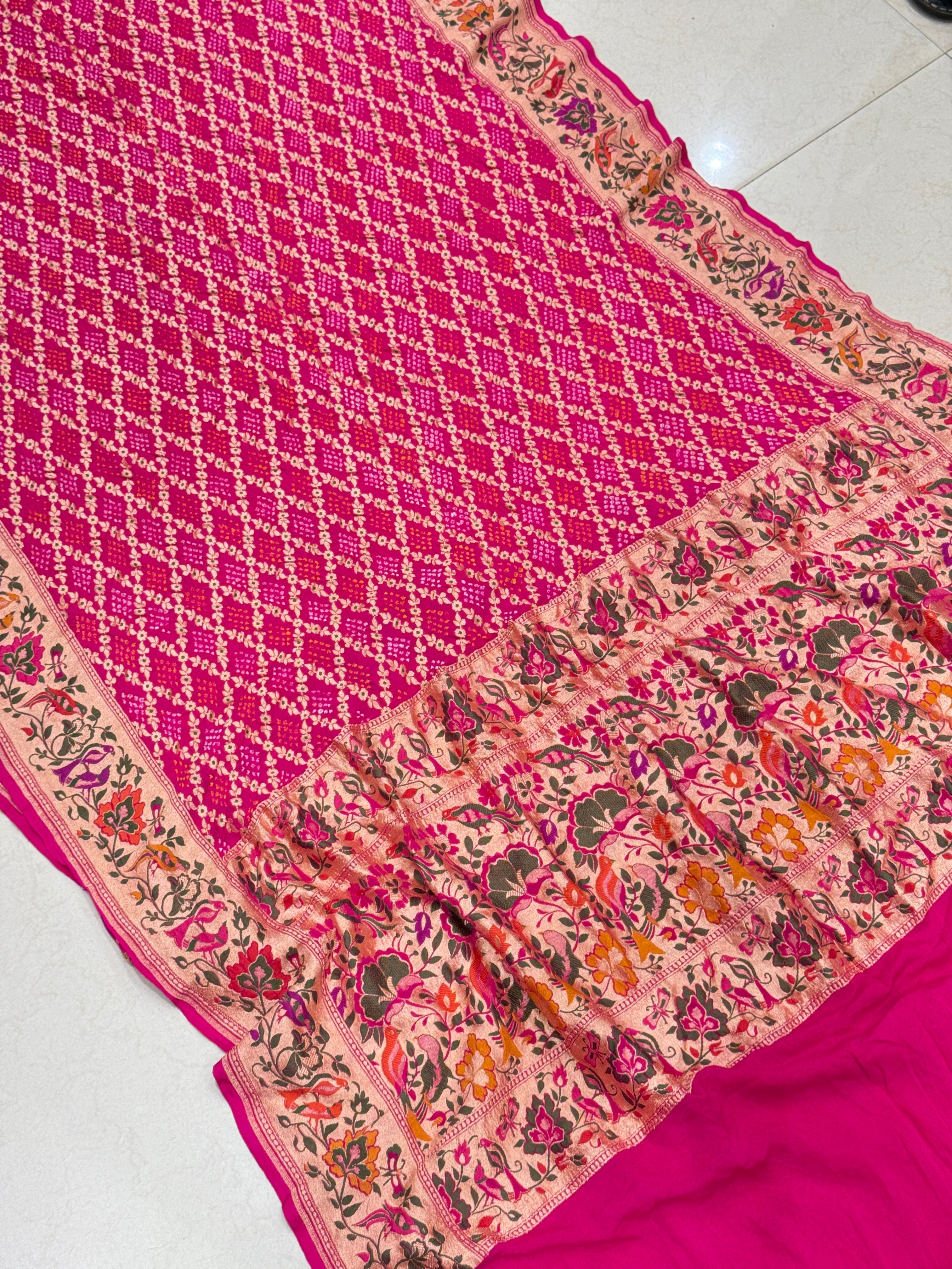Rani Pink Paithani Style Meenakari Rai Bandhej Georgette Bandhini Saree