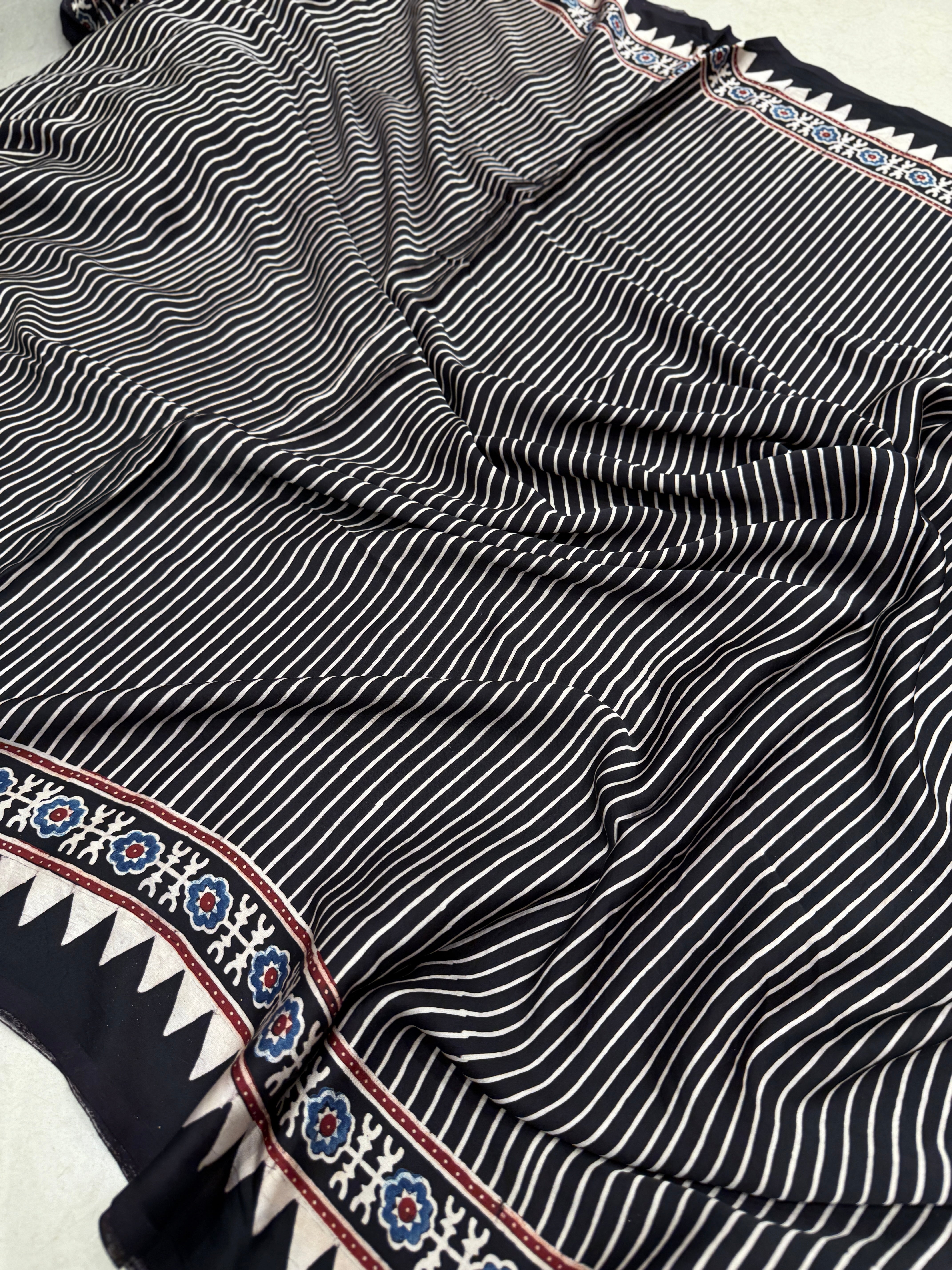 Black Contemporary Box Pallu Ajrakh Block Print Hand Pure Gajji Silk Saree
