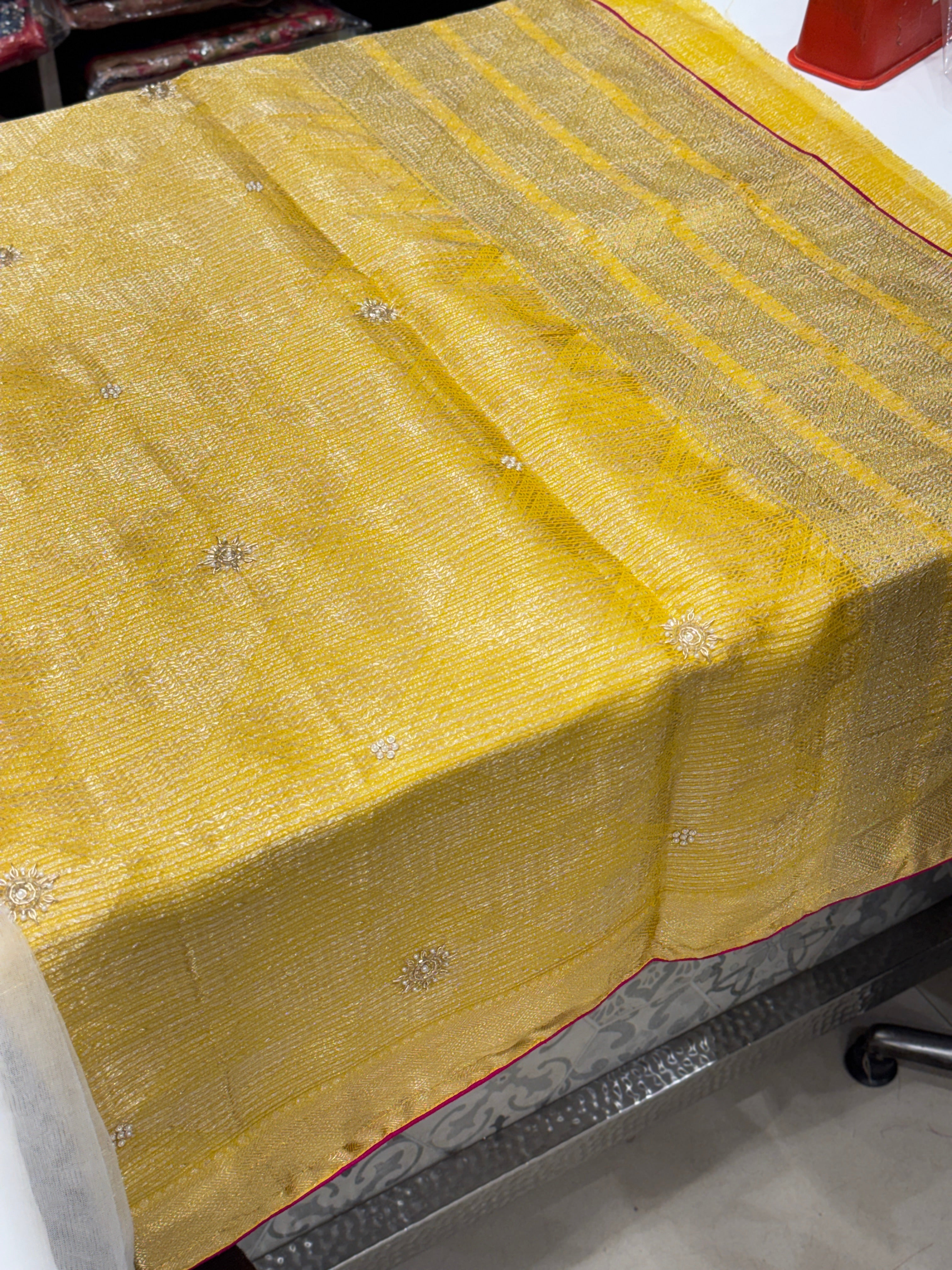 Yellow HO Silk Woven Sitara Buttis Saree With Contrast Rani Blouse