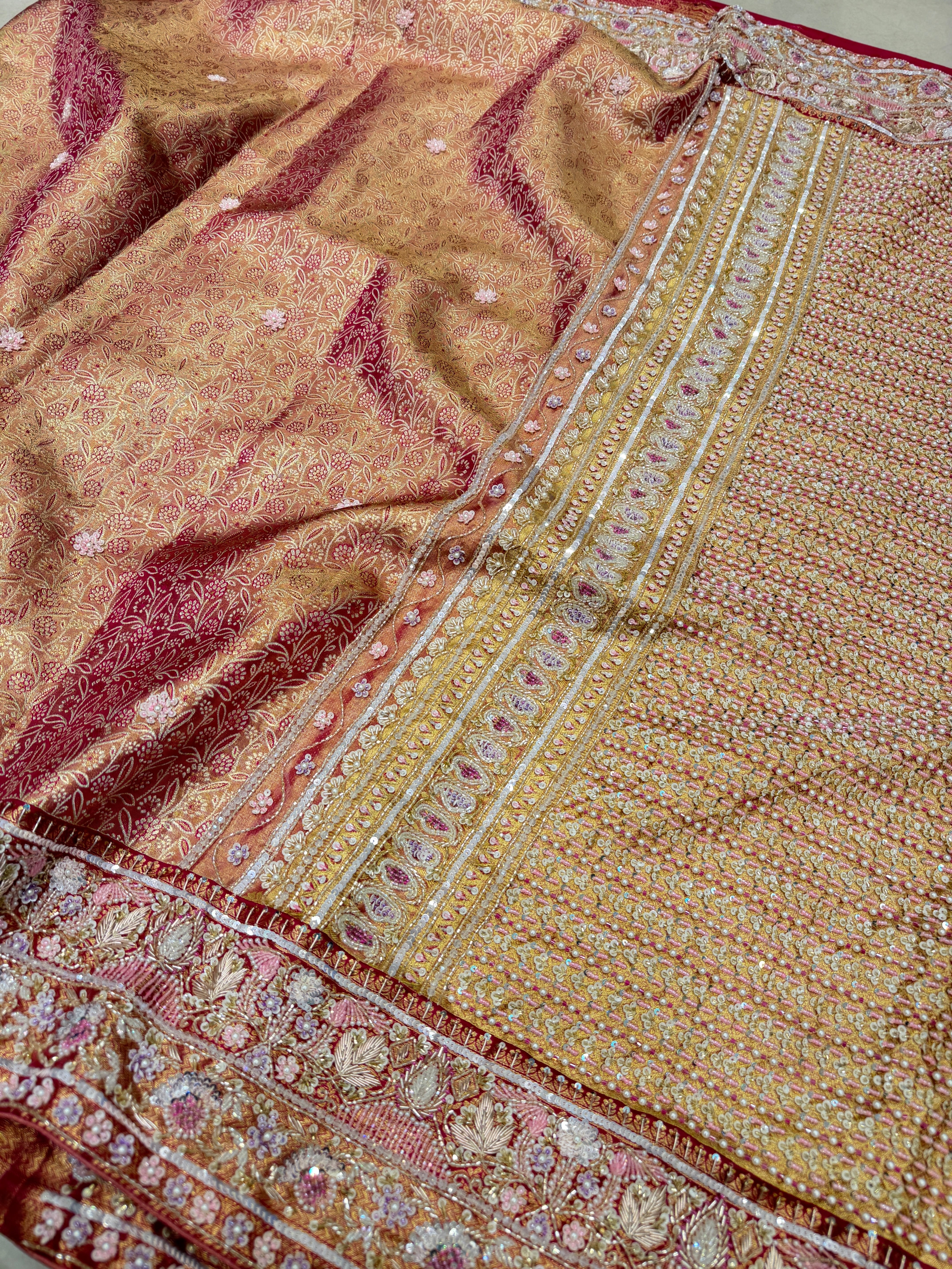 Rani Pink Golden Tissue Kanjivaram Moti Zardosi Hand Embroidery Saree