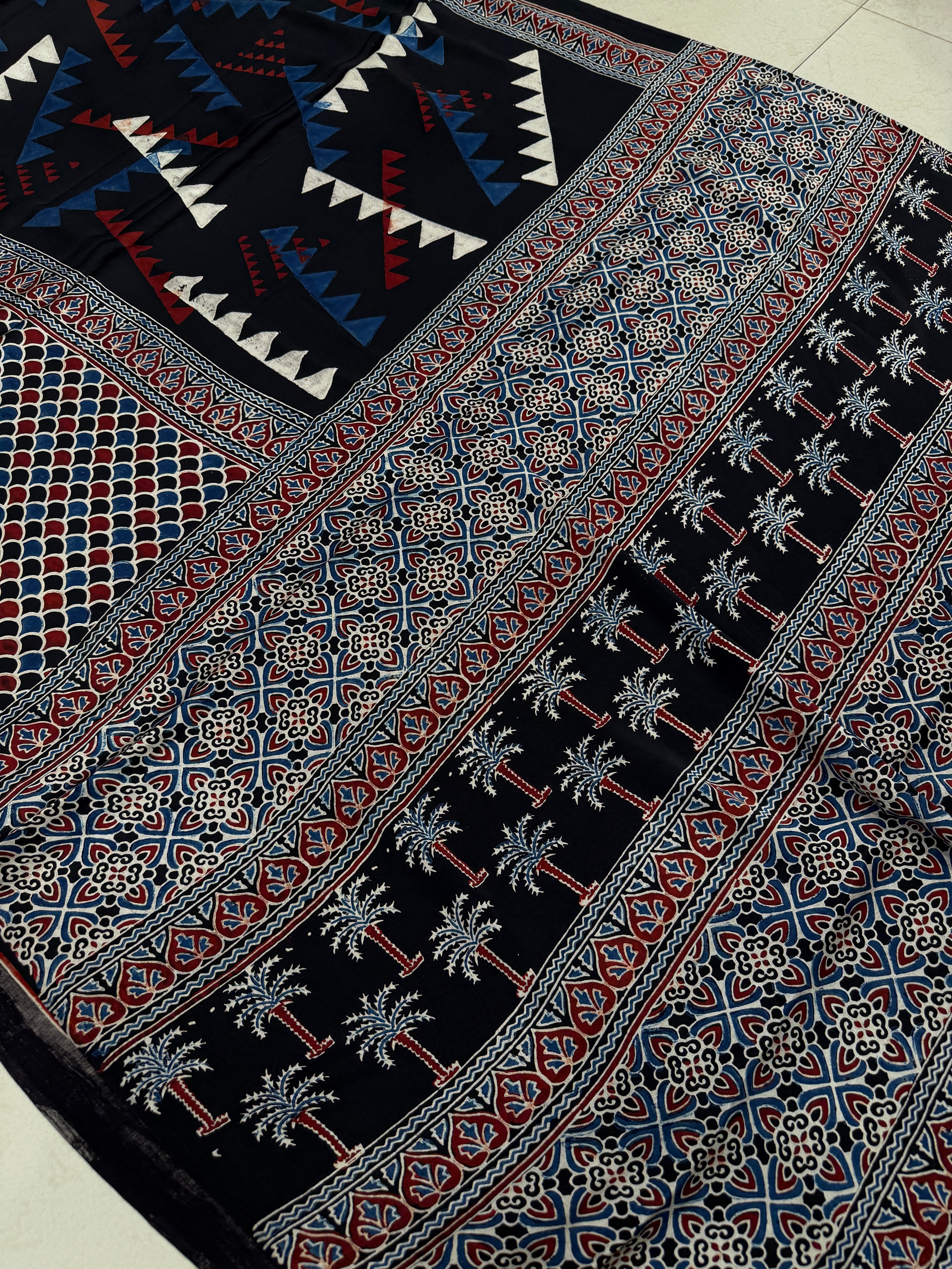 Black Contemporary Ajrakh Block Print Hand Pure Gajji Silk Saree