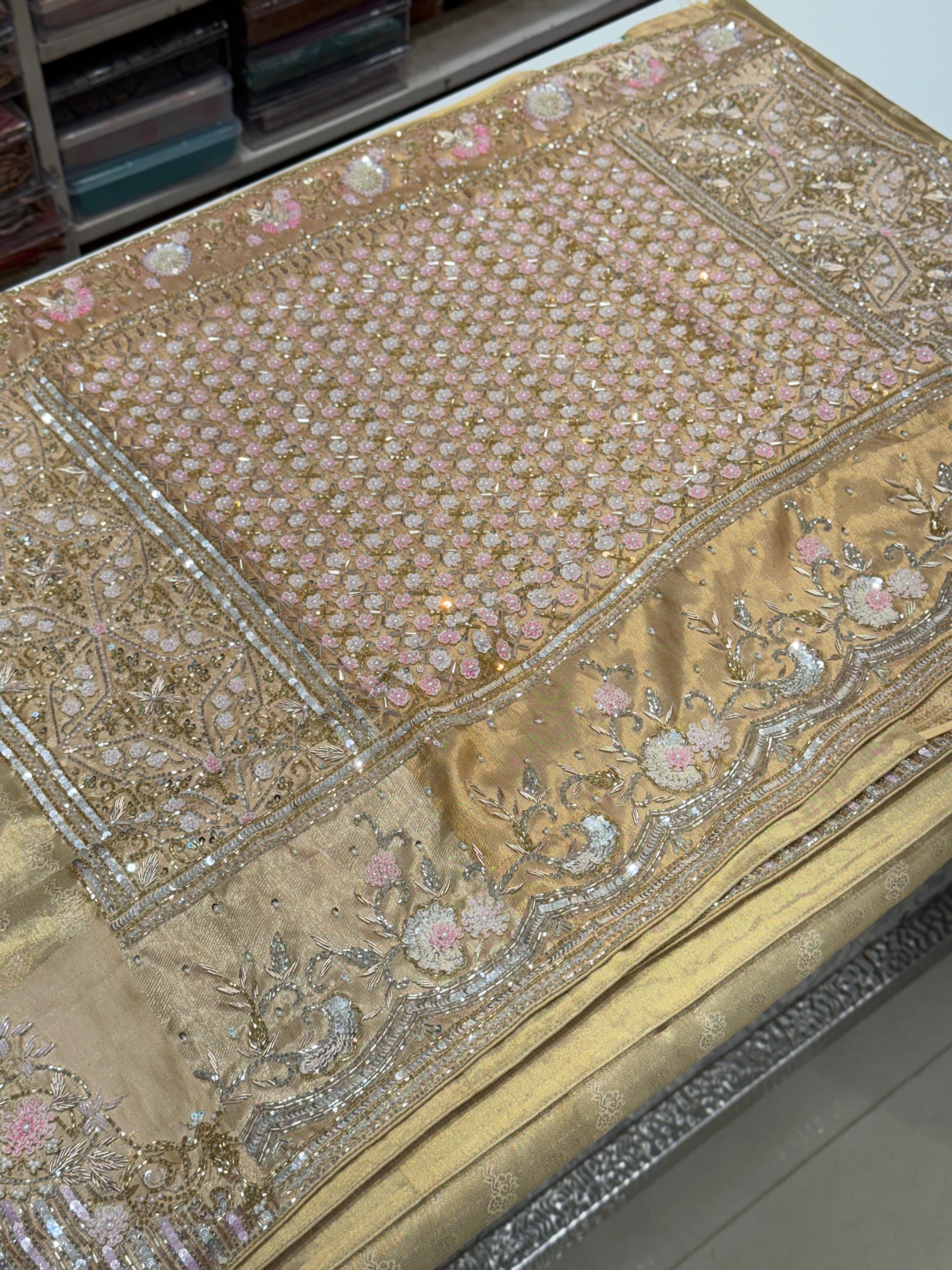 Light Gold Tissue Check Kanjivaram Hand Embroidery Saree